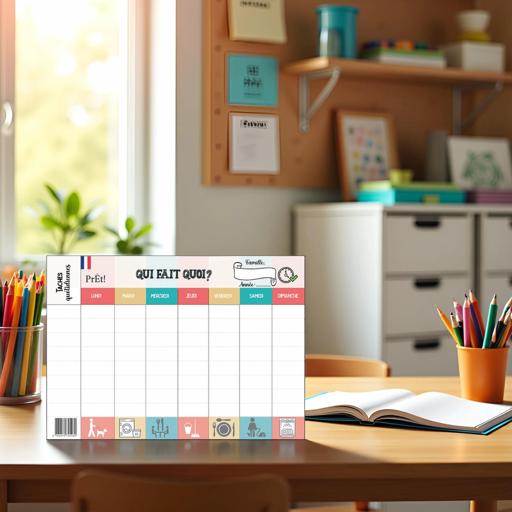Calendrier Hebdomadaire Familial A3 à Remplir | Planning Mural Organisation Famille avec 8 Tâches Quotidiennes