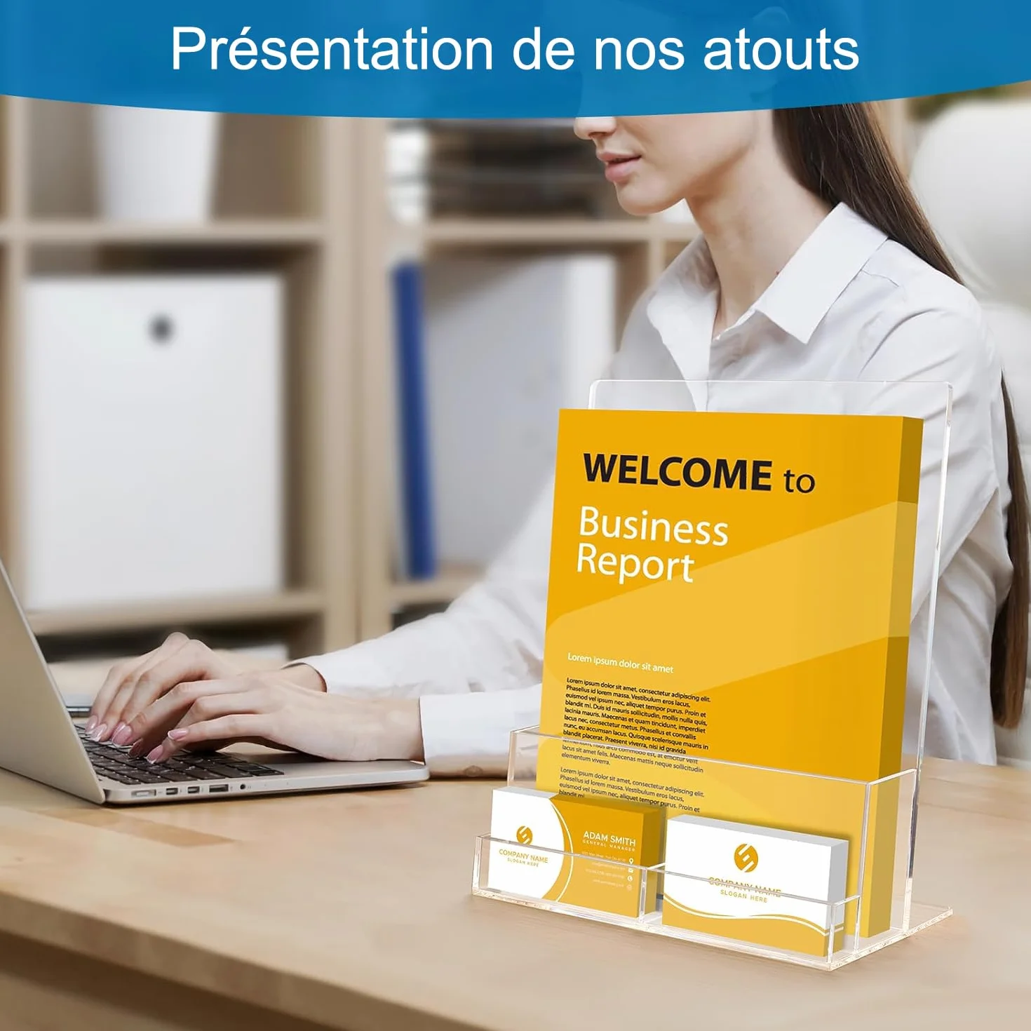 Lot de 2 porte-brochures A4 en acrylique transparent avec porte-cartes de visite intégré