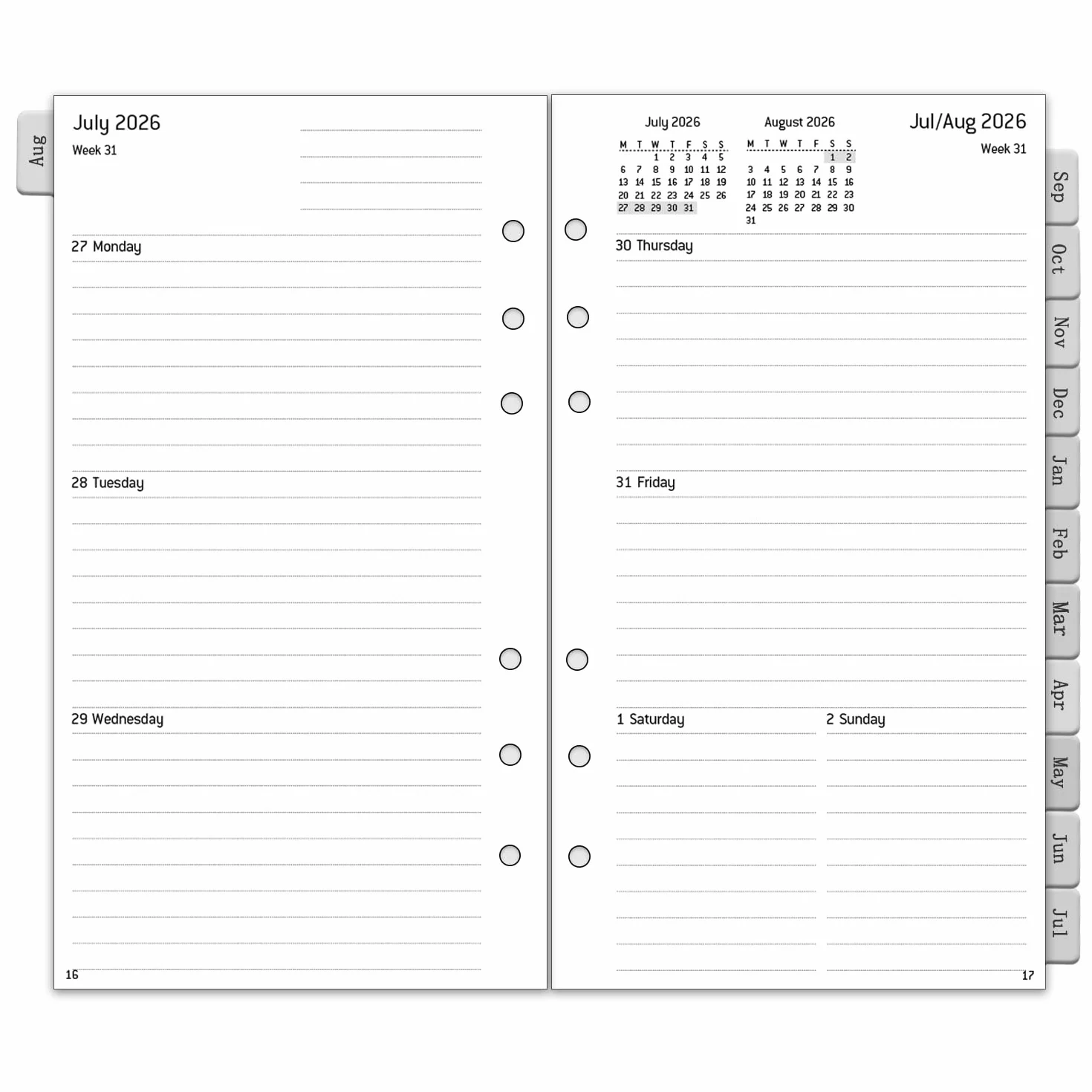 Planificateur Personnel A6 2026-2027, 1 Semaine 2 Pages, 100 GSM, Insert Calendrier 26/27