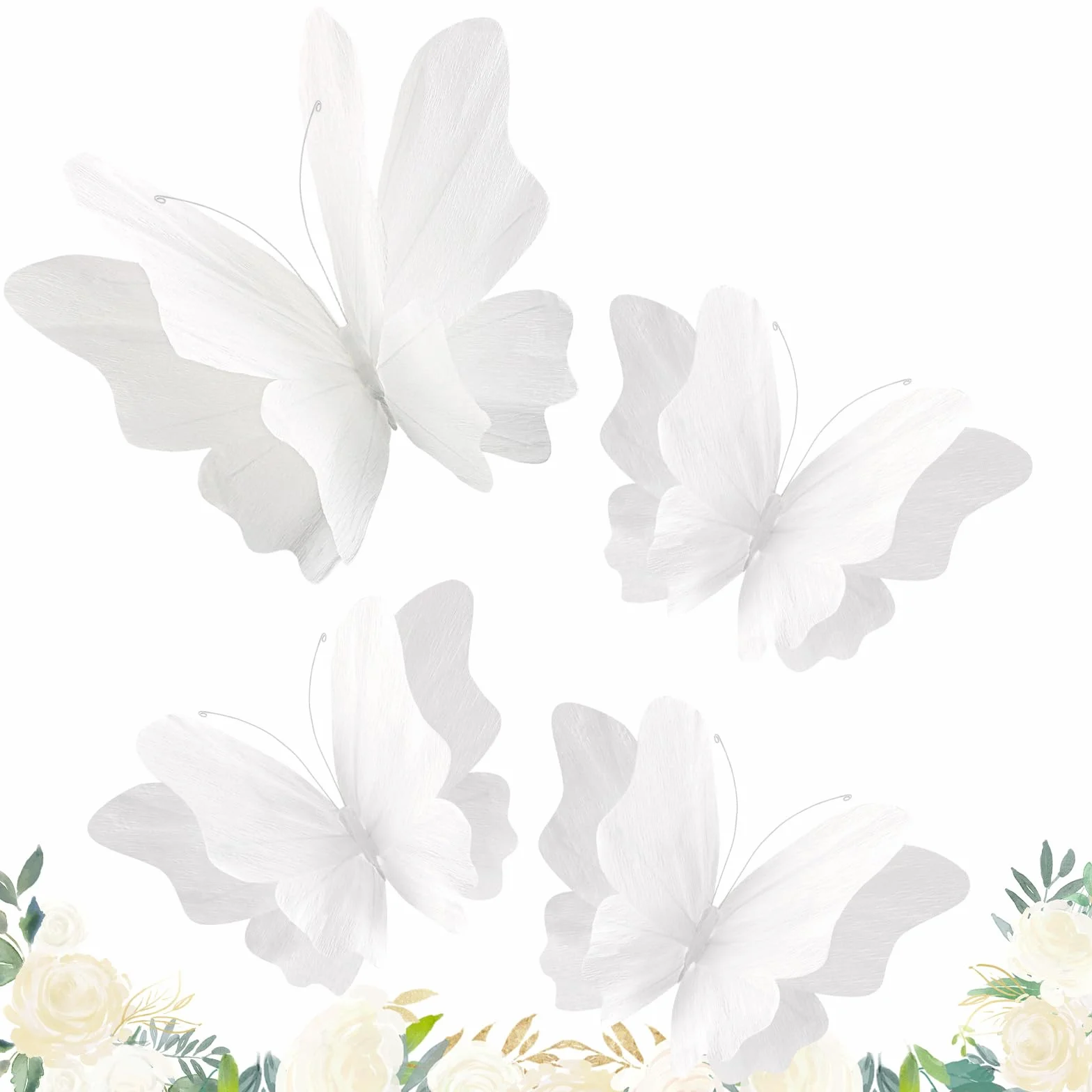 EASY JOY Lot de 4 Décorations 3D Papillons Blancs, Papillons en Papier Crépon Suspendus, Décoration Murale