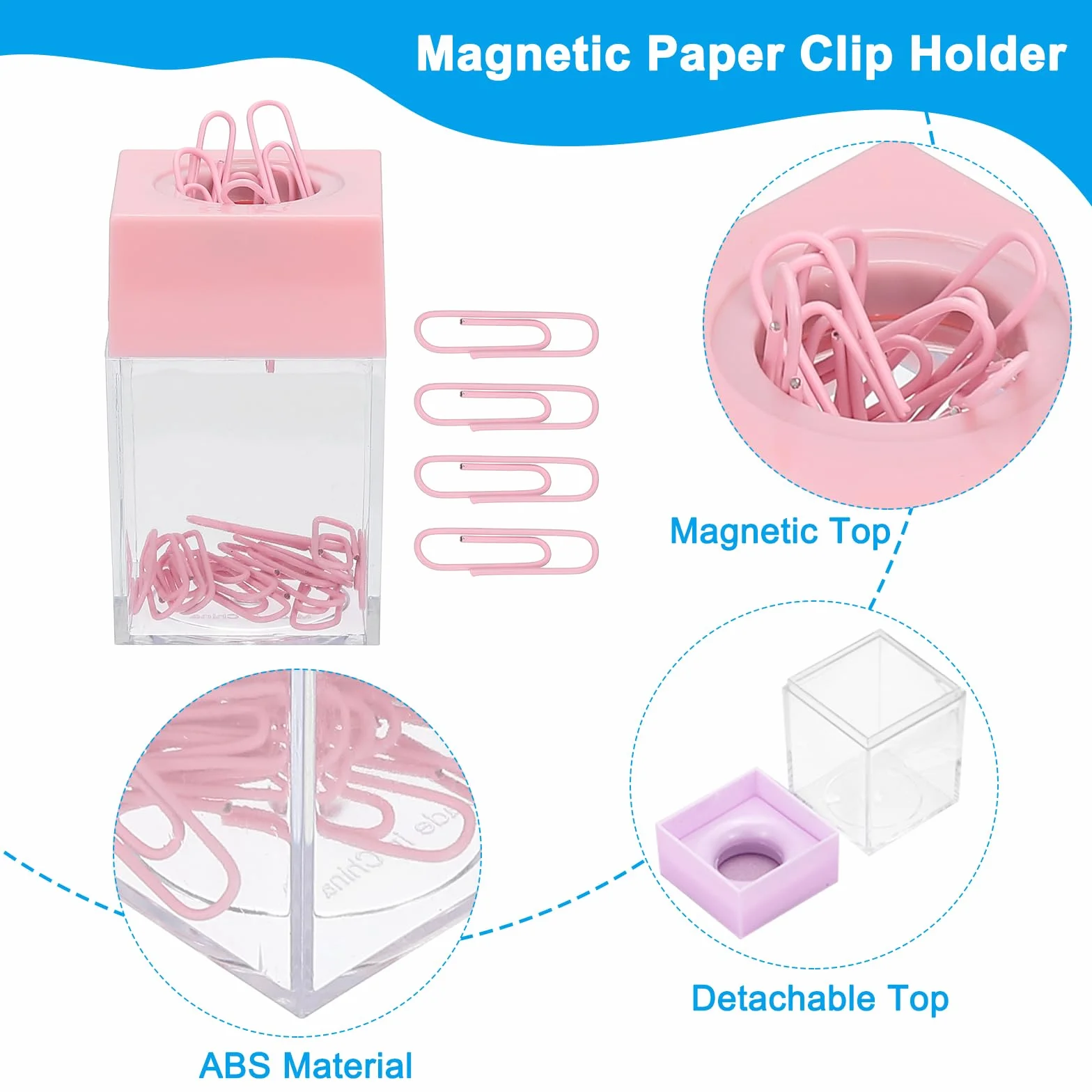 PATIKIL Distributeur Trombones Magnétique Grande Capacité Dessus Magnétique Bureau Rose