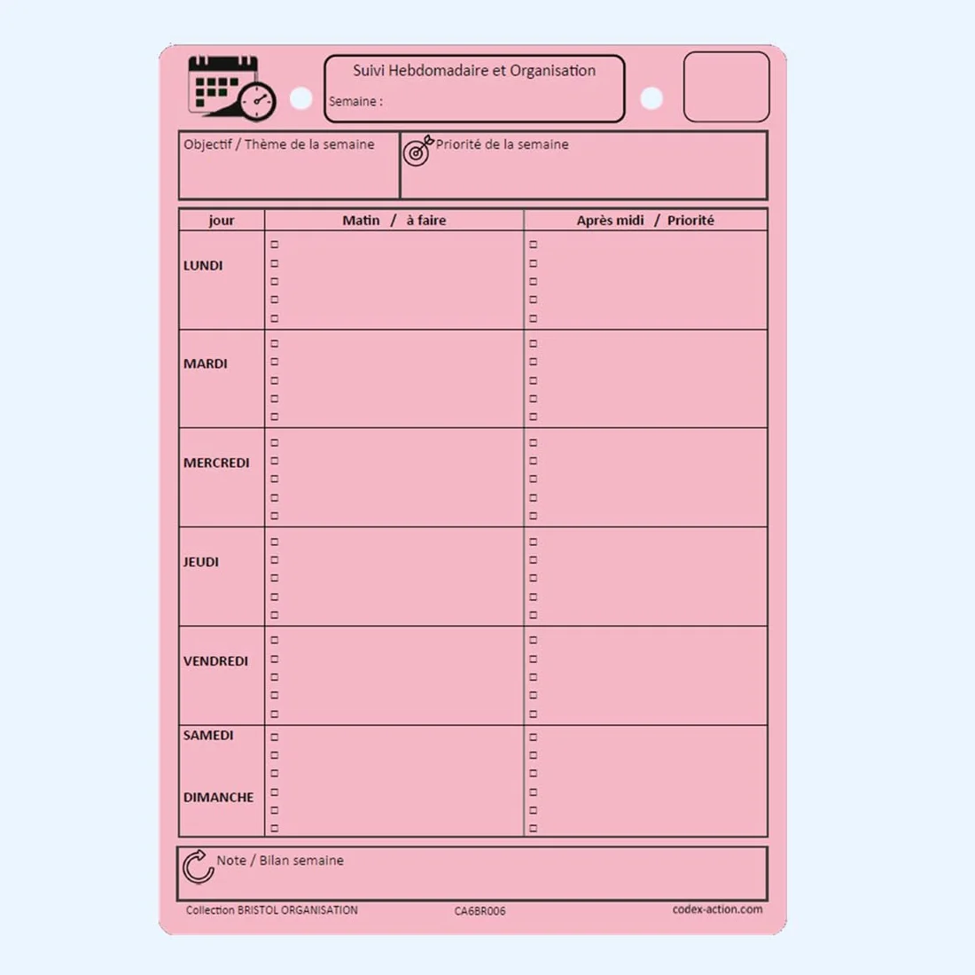 Planning Hebdomadaire A5 – Lot de 40 Fiches Bristol 160 g/m², Suivi Objectifs Tâches Habitudes, Organisation Productivité