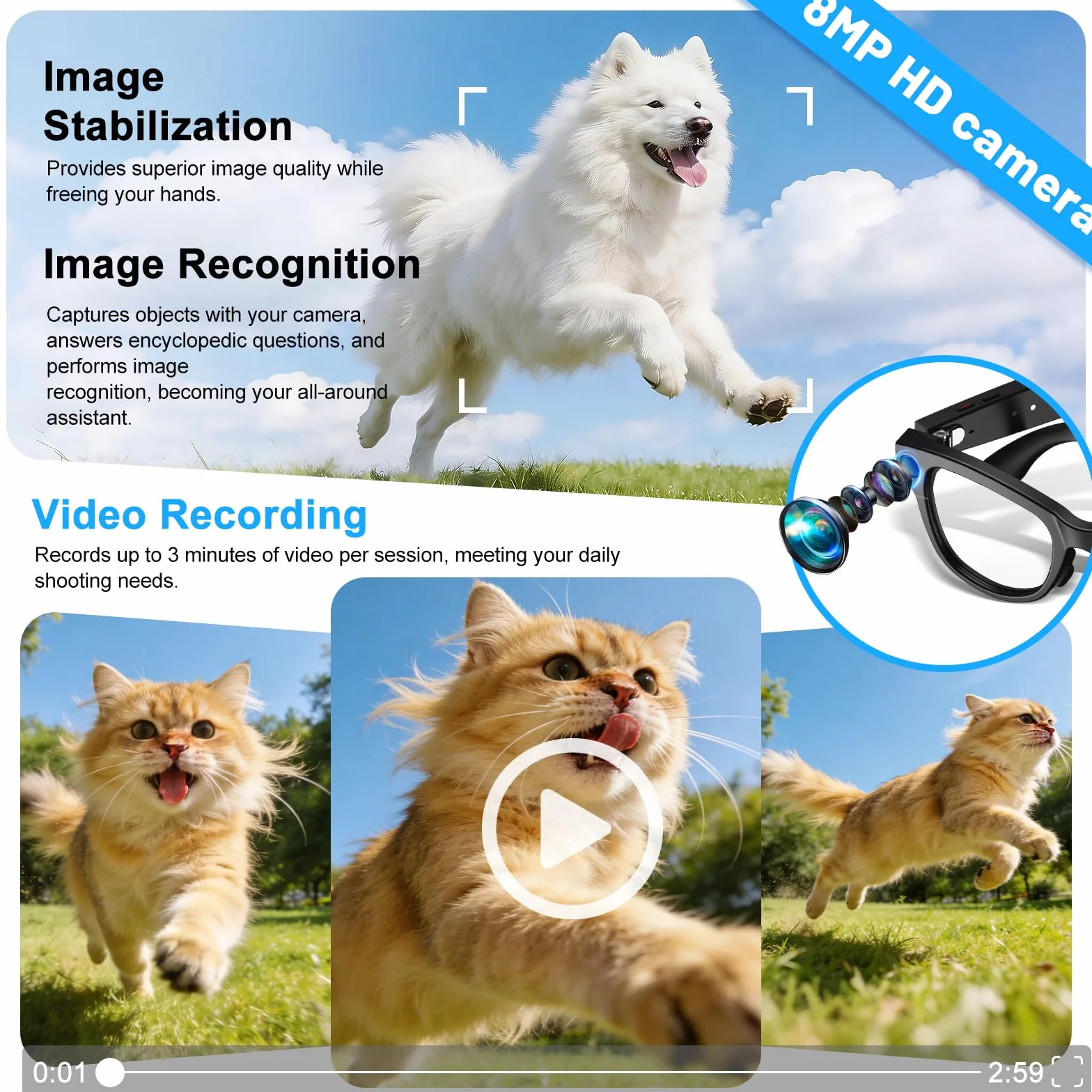 Lunettes Connectées 8MP 4K HD avec Traductrice IA, Verres Photochromiques, Bluetooth, Assistant Vocal