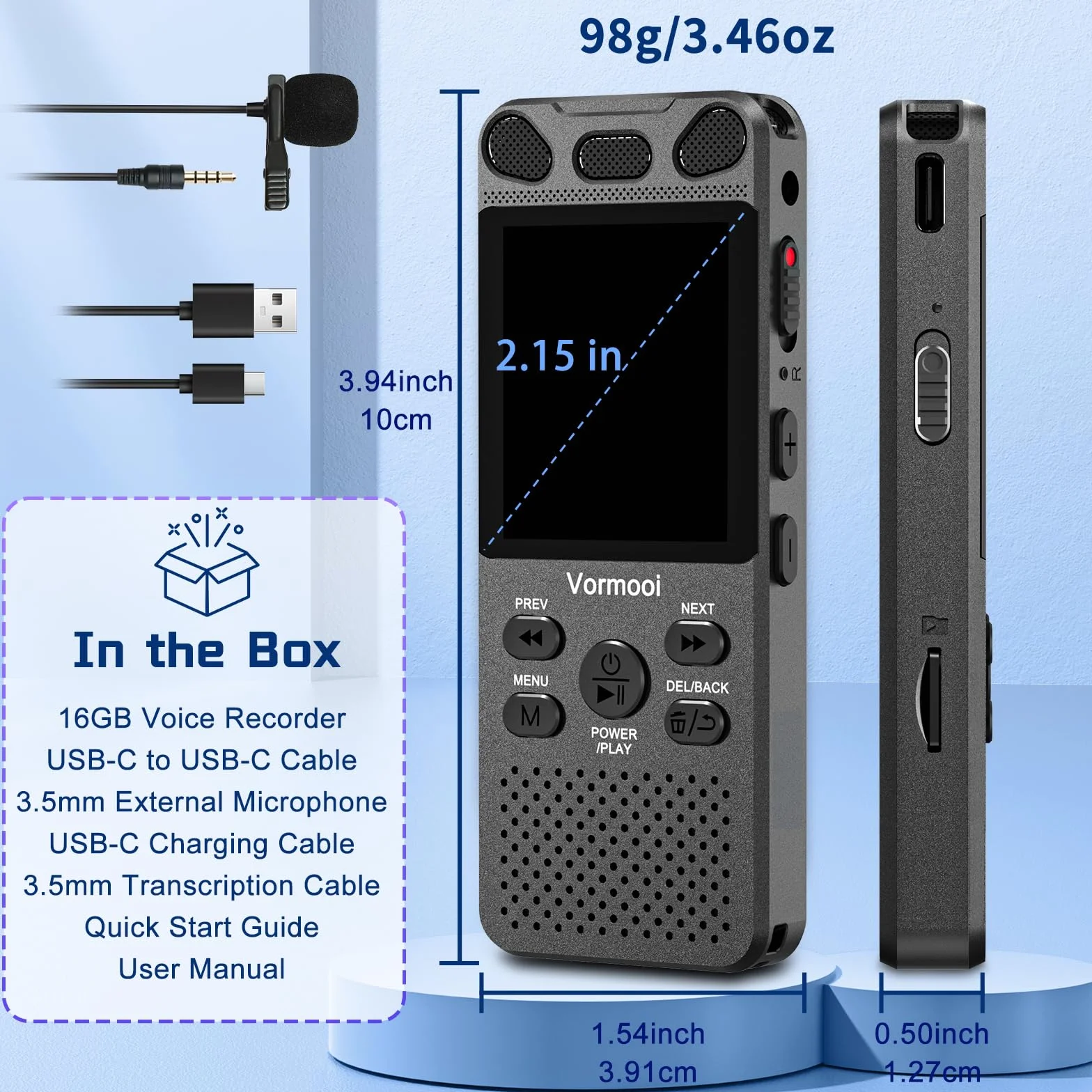 Vormooi Enregistreur Vocal Numérique 16GB 110H avec Micro Externe Écran Couleur 2,15" Activation Vocale