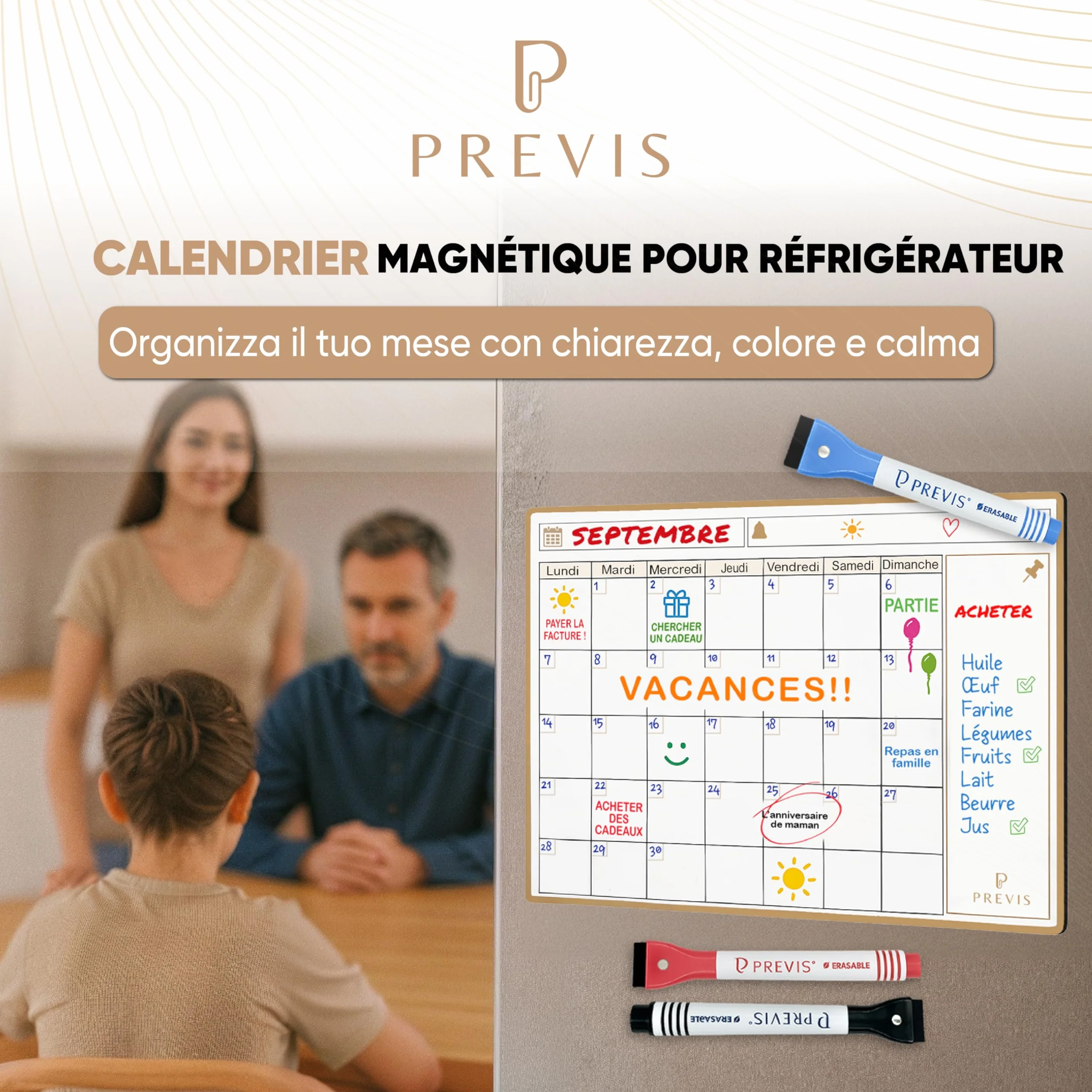 Previs Calendrier Magnetique Frigo A4 (21x29cm) avec 3 Marqueurs Premium - Planning Magnetique Familial 2025 2026