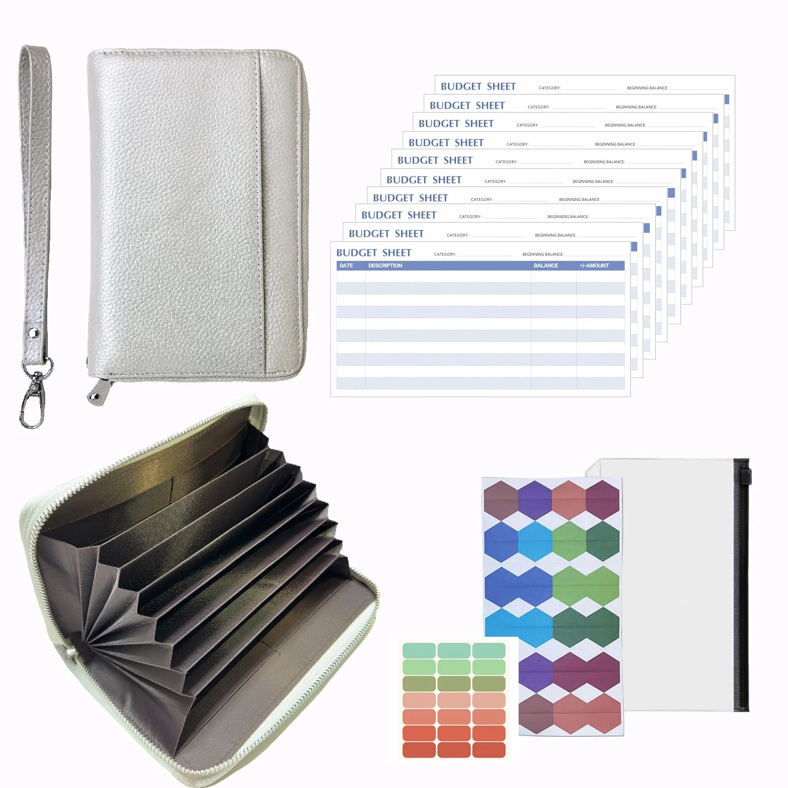 Système de budget multifonctionnel avec 12 feuilles de budget, étiquettes de catégorie et bracelet 19cm * 13cm Argent