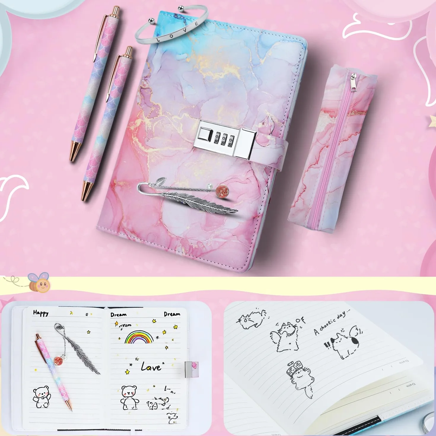 Journal Intime Fille avec Serrure à Combinaison, Carnet Secret Cuir PU avec Stylo, Marque-page, Bracelet, Set Papeterie Cadeau Adolescentes