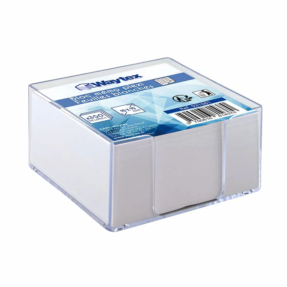 WAYTEX Bloc mémo 350 notes blanches 9x9 cm support plexi transparent