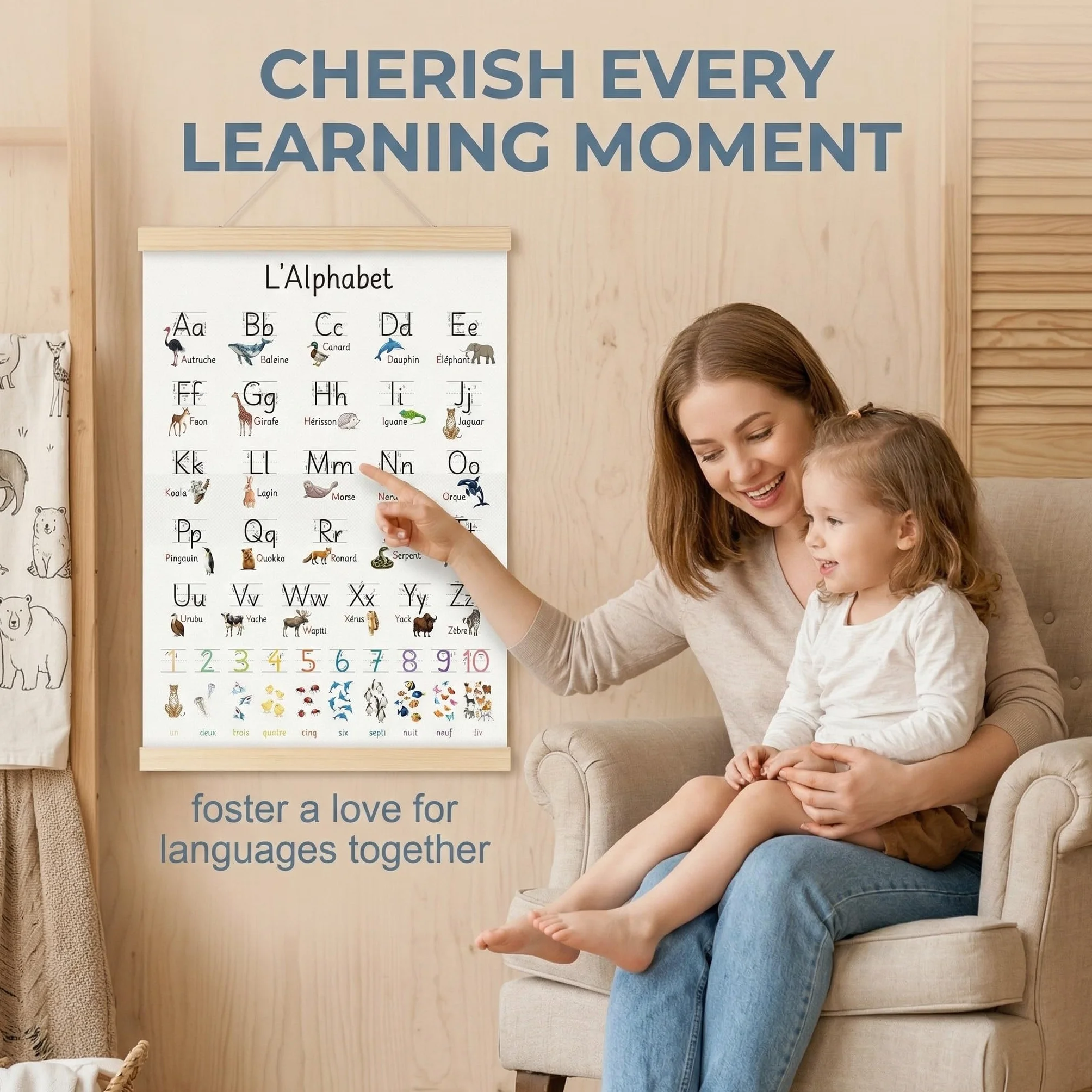 Poster Table de Alphabet Français pour Enfants, Jeu d'Apprentissage Numérique, Lettres et Animaux Amusants