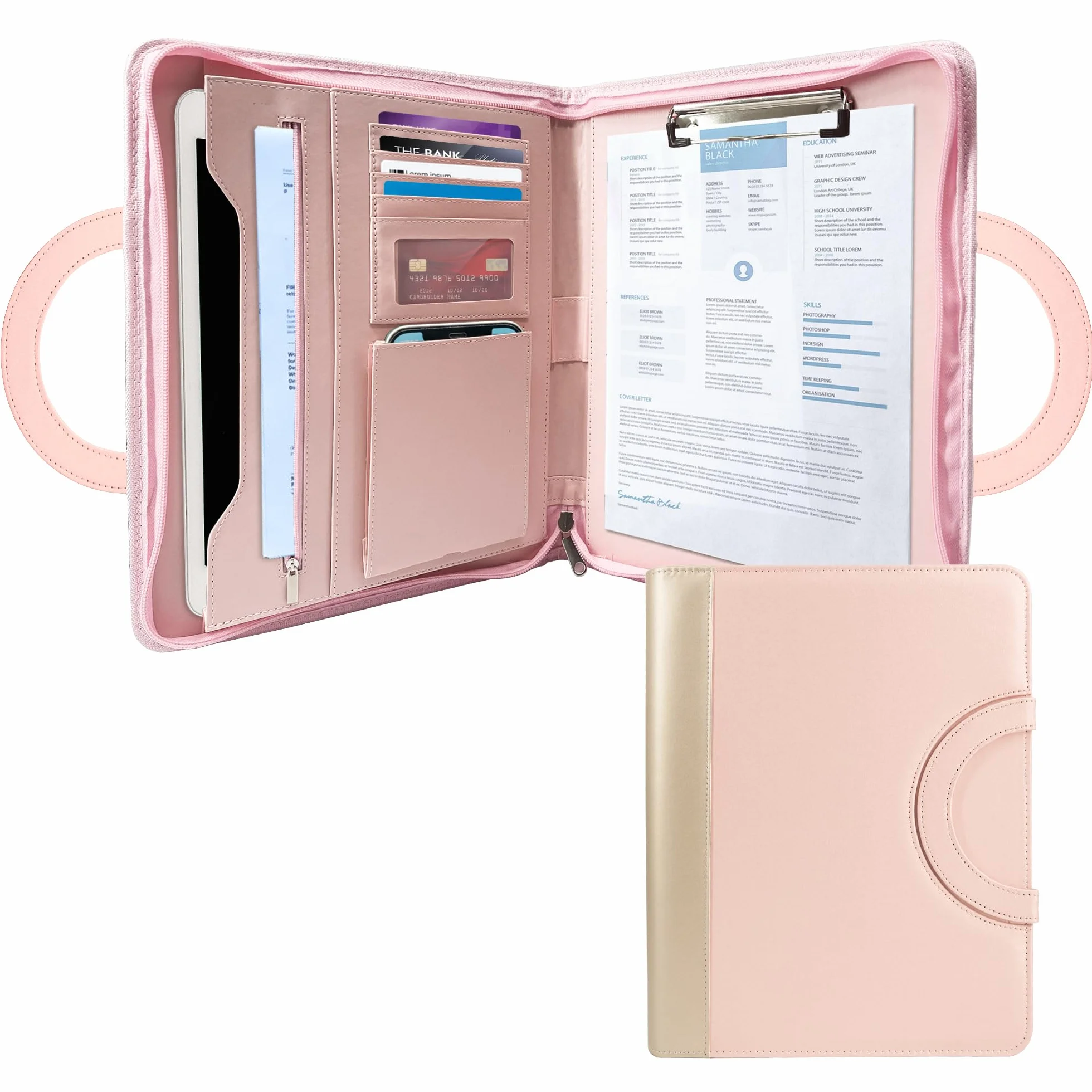 GraduatePro Porte Document Cuir Bloc Document Homme Femme Voyage Bureau Organisateur Rose