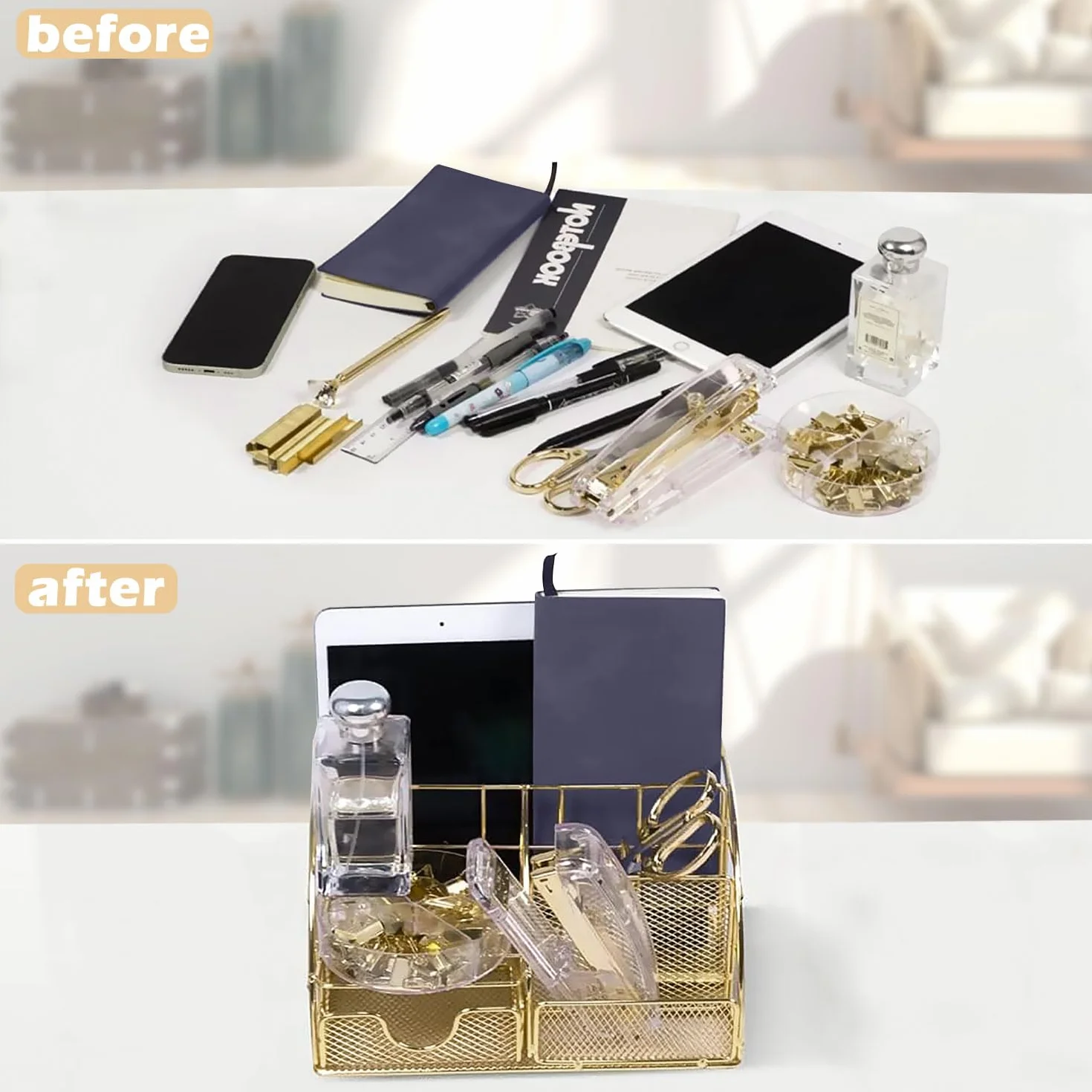 Organisateur de bureau doré 13 pièces avec agrafeuse acrylique distributeur ruban porte-stylo