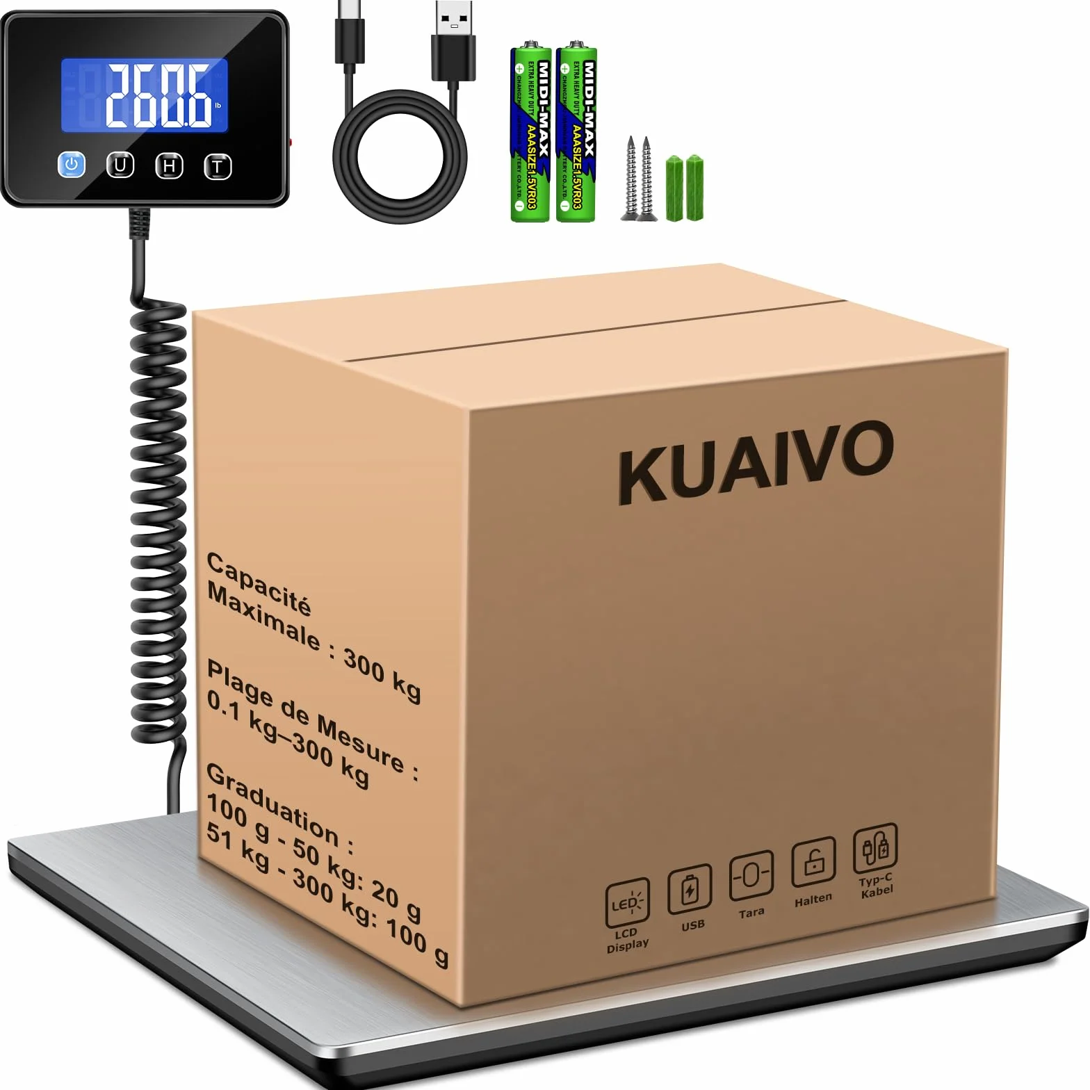 Balance Colis Numérique 300kg/20g avec Fonction Hold/Tare, Écran LCD Externe, Professionnelle pour Industrie et Entreprise