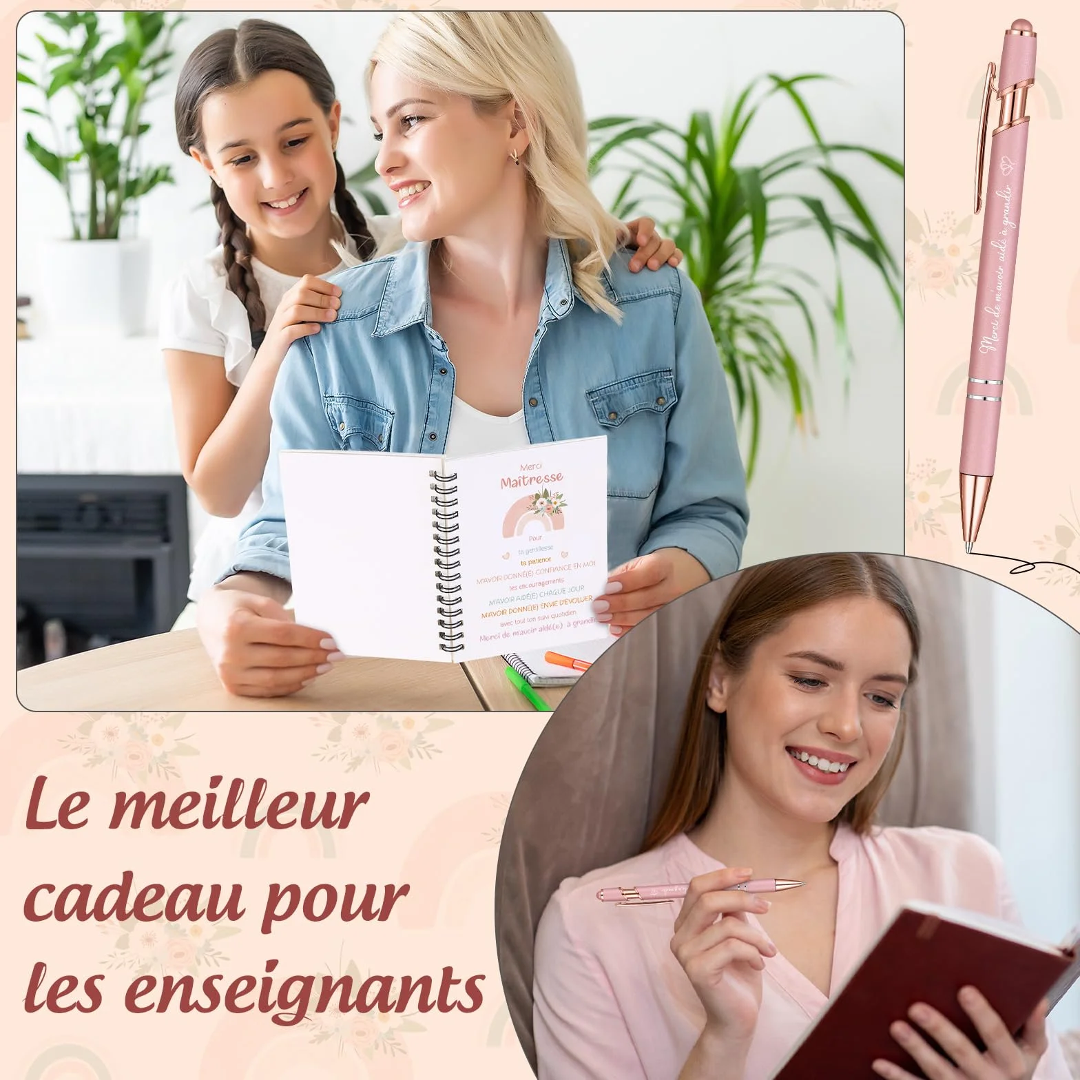 Sinmoe 3 Pièces Cadeau Maitresse Institutrice Carnet Spirale Porte Clés Stylo Bille Fin d'Année Fleurs Arcs en Ciel