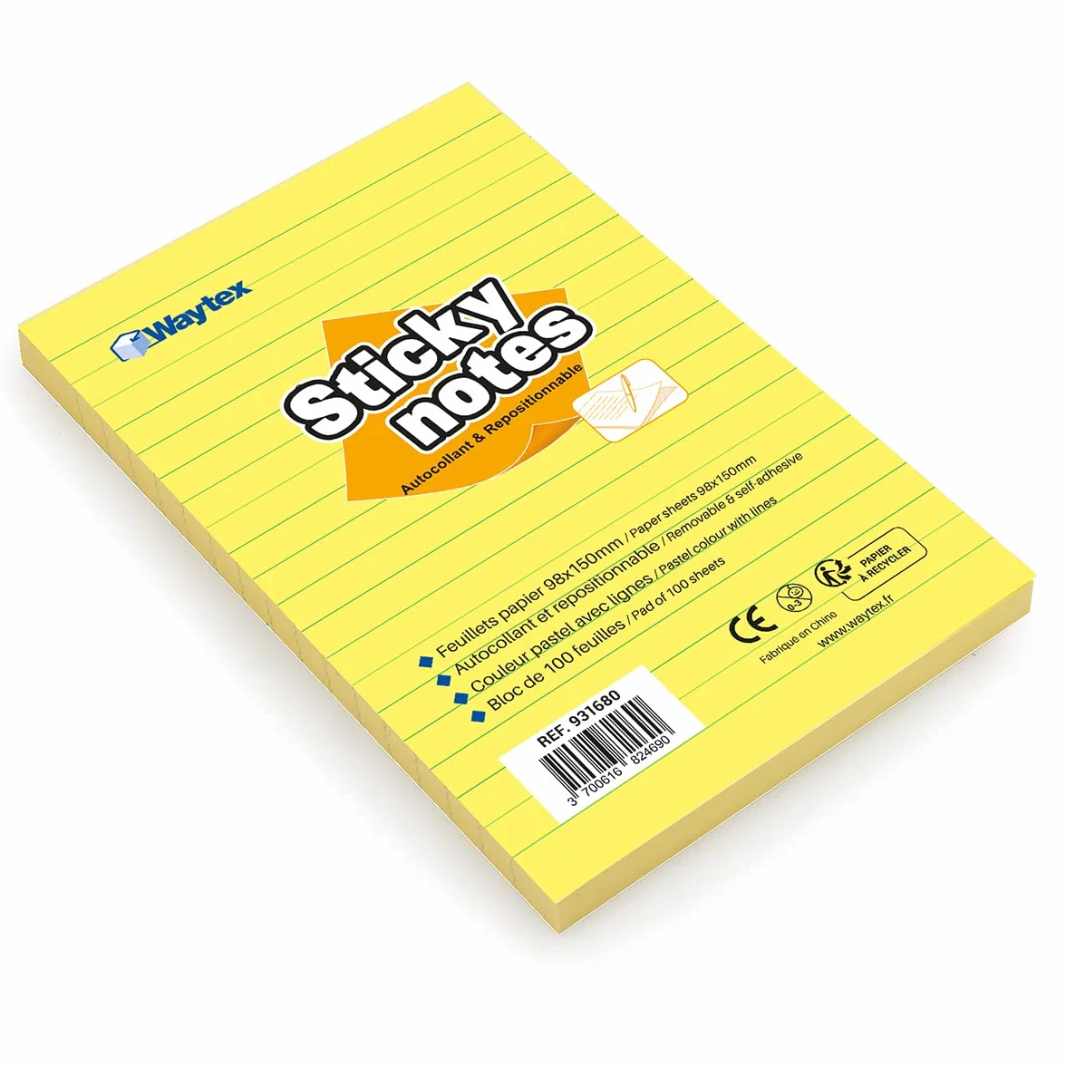 WAYTEX 100 Notes adhésives A6 repositionnables Grand format 9,8 x 15 cm Jaune pastel