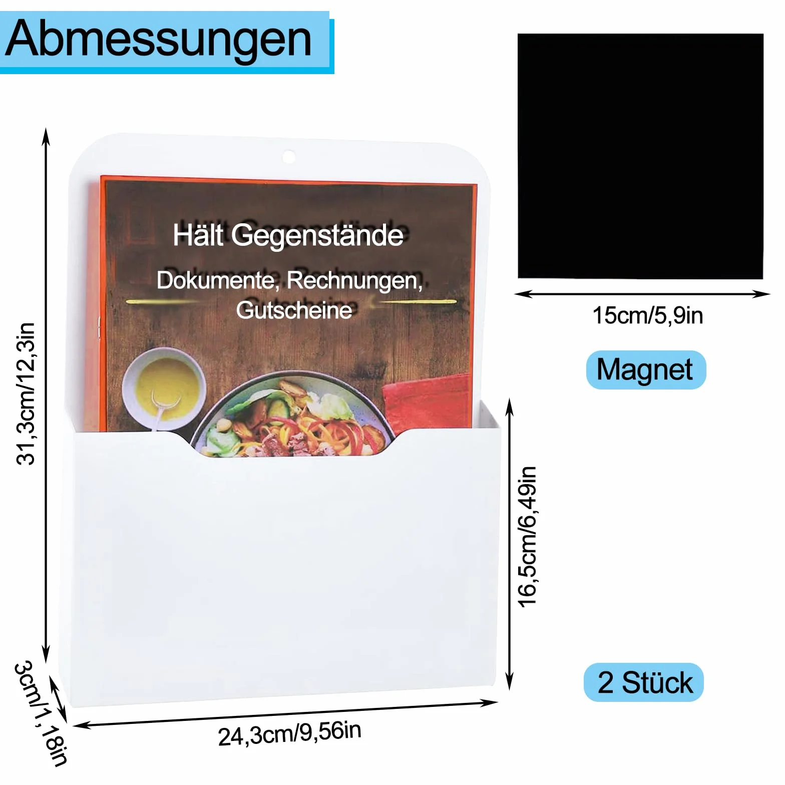 Porte-documents magnétique A4 - Lot de 2 - Rangement bureau - Aimant puissant - Blanc