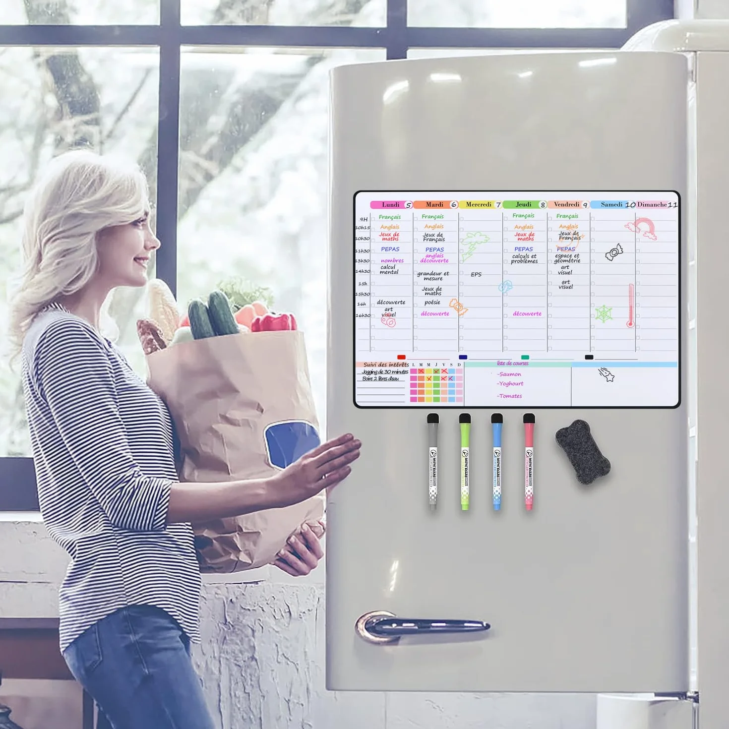 POPRUN Tableau Blanc Effaçable Magnétique 42×28 cm, Calendrier Frigo Planning Semaine Organisateur Hebdomadaire