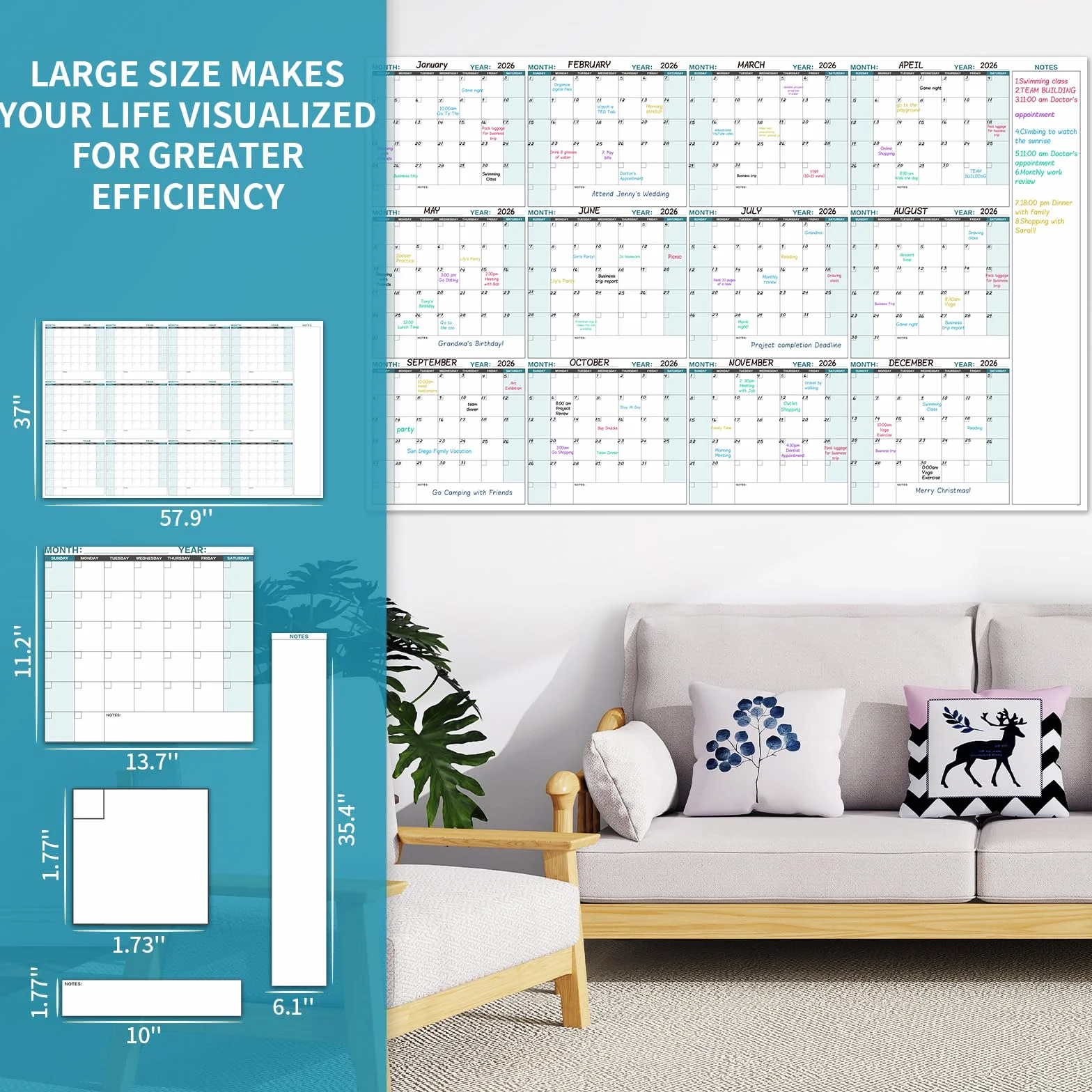 Grand planificateur mural non daté 147,3 x 94 cm calendrier extra large 12 mois effaçable à sec noir