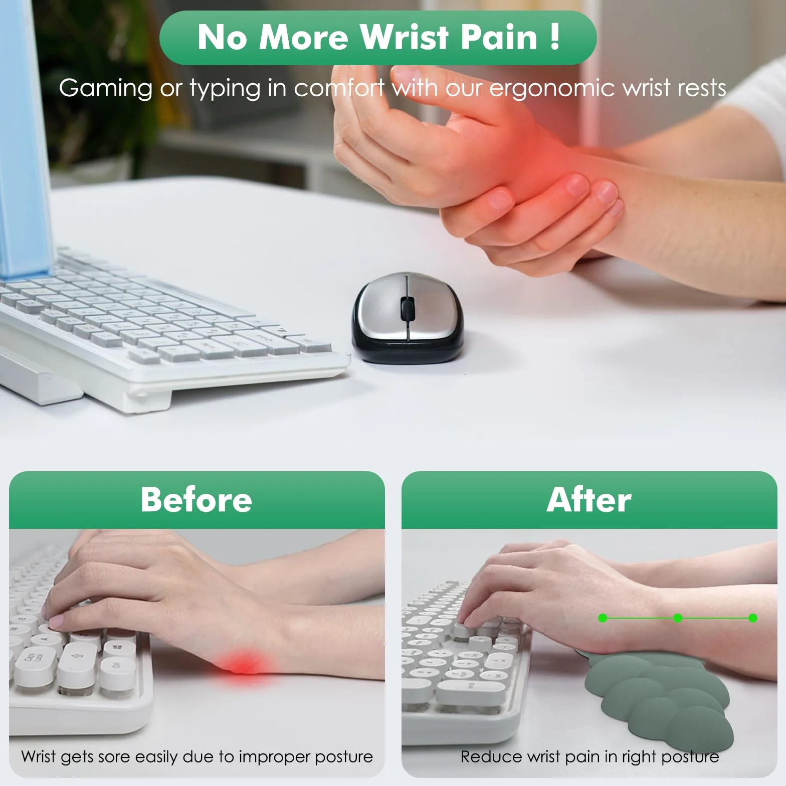 MoKo Repose-Poignets Ergonomique en Nuage pour Clavier et Souris, Polyester Durable, Vert