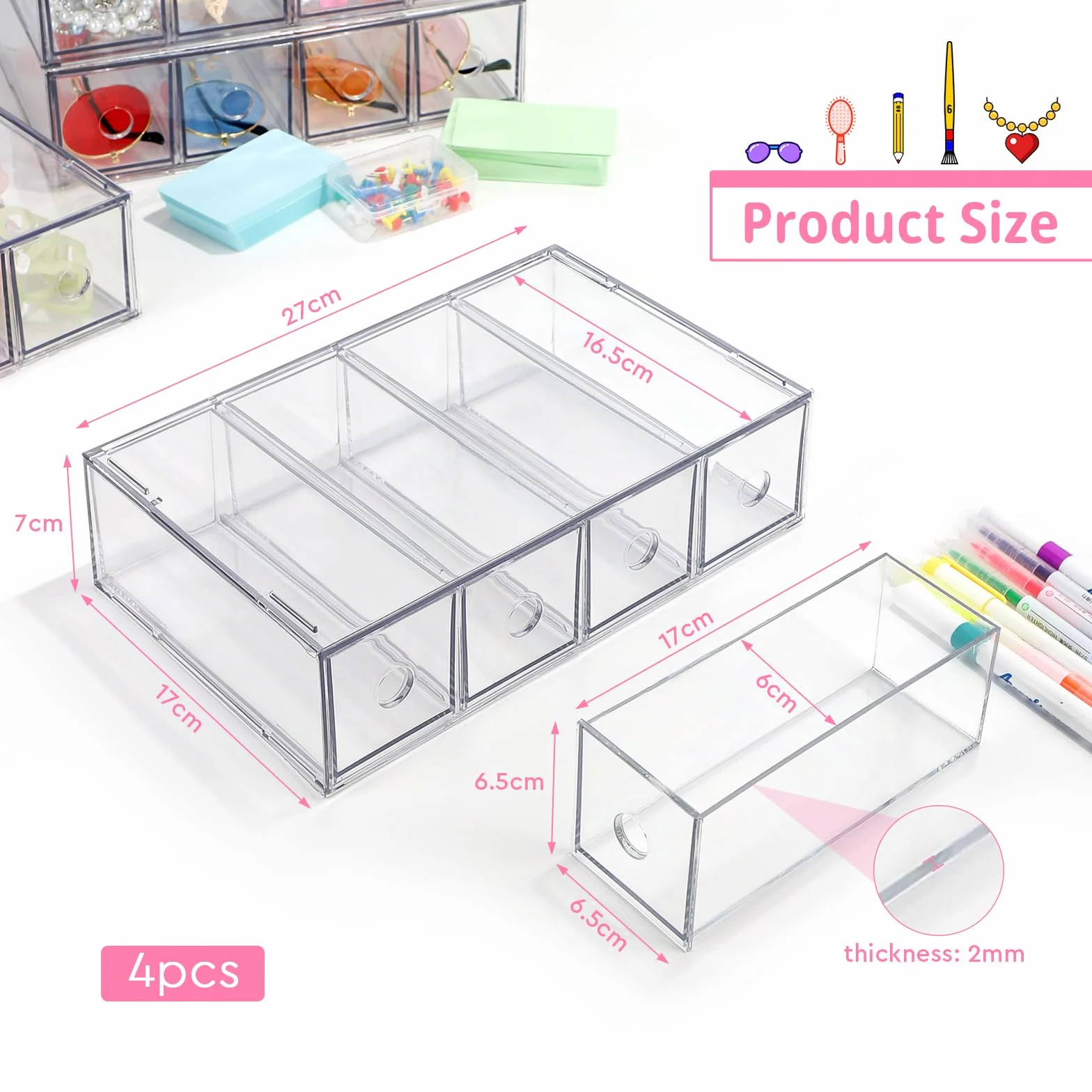 Organiseur à tiroirs 4 pièces 16 compartiments Boîte empilable rangement bureau