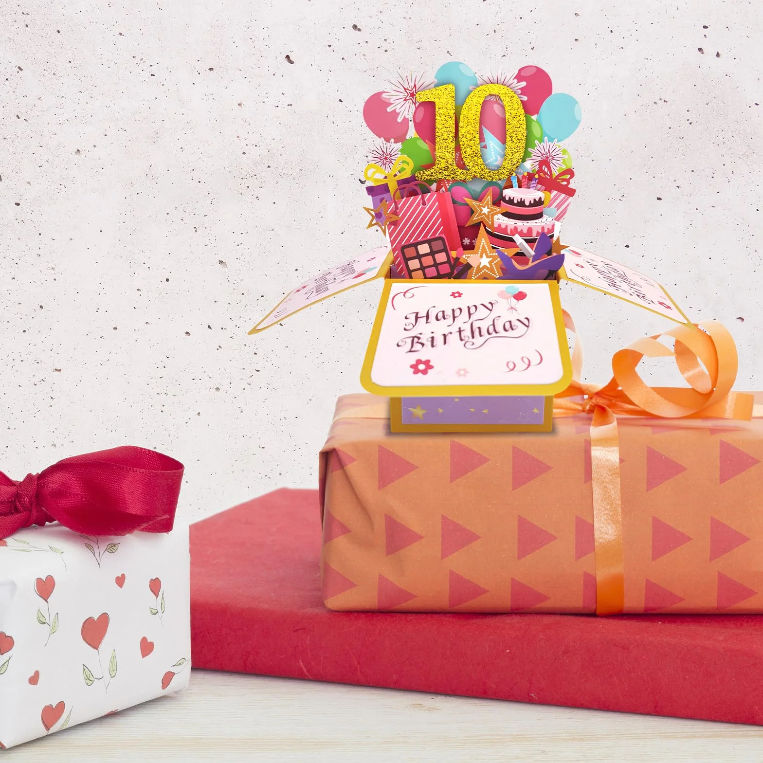 Carte Pop Up Anniversaire 10 Ans Or Rose 3D avec Enveloppe pour Fille