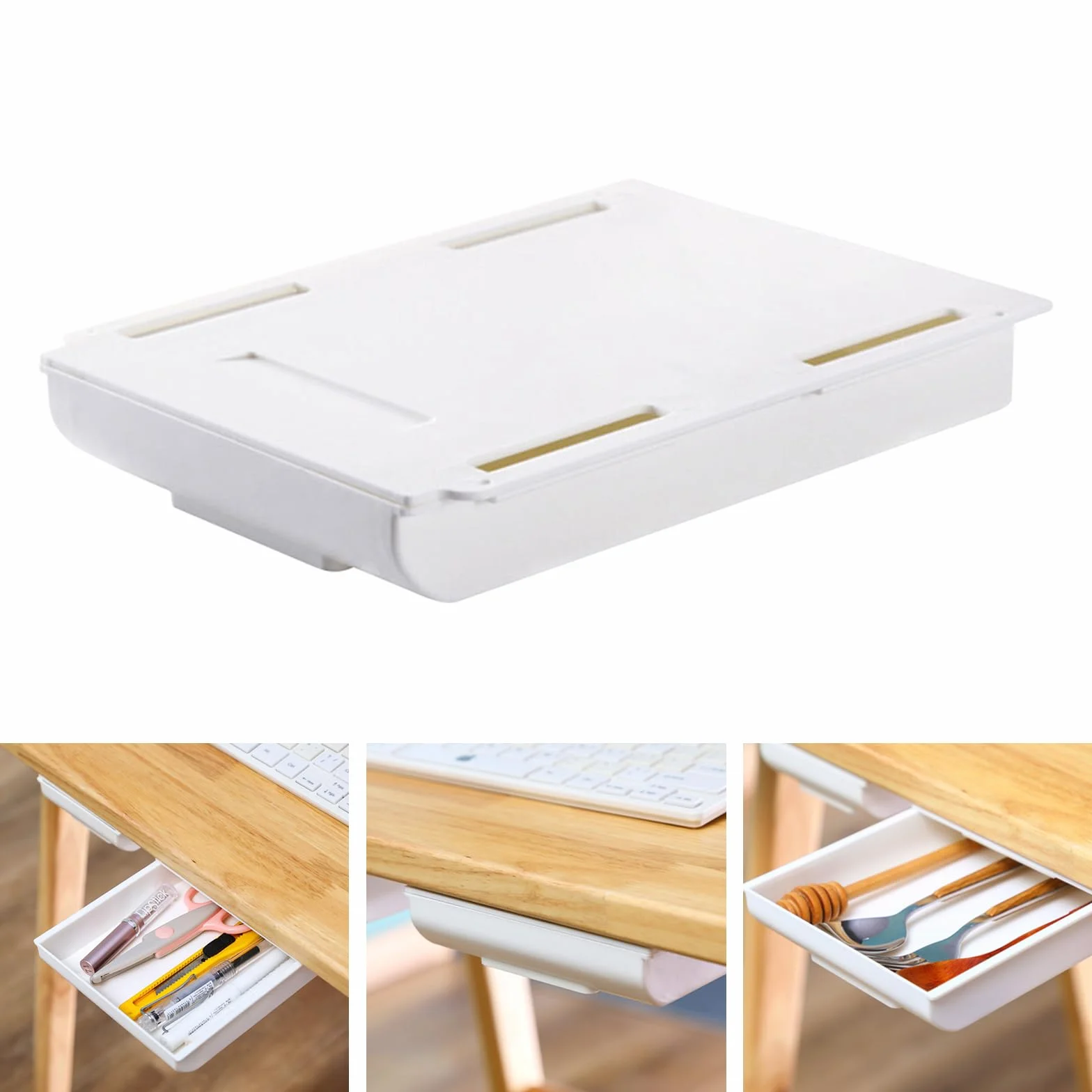 Tiroir Sous le Bureau Autocollant Rangement Blanc 25.5×20×4.2cm