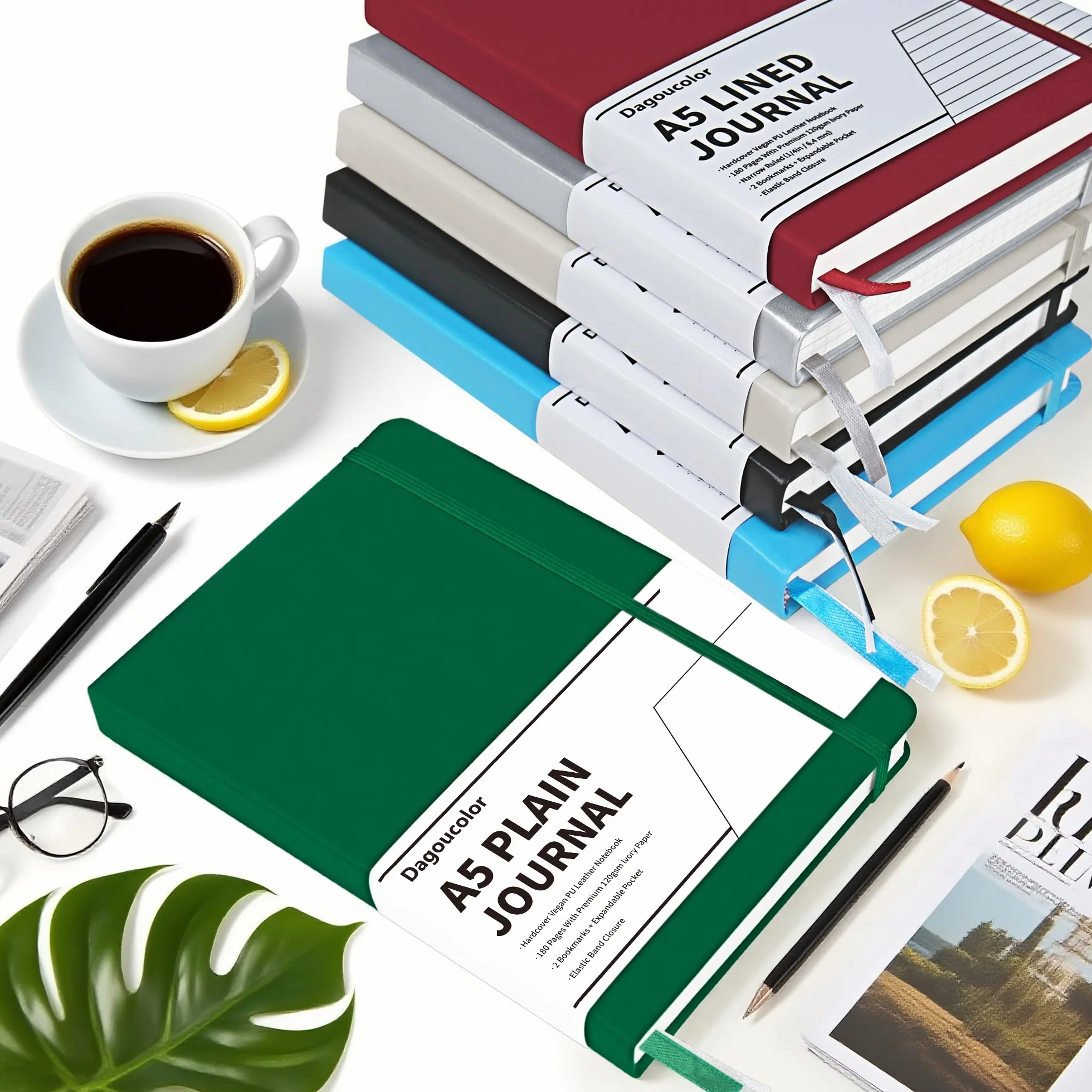 Carnet De Notes en Cuir PU A5 120GSM 90 Feuilles 180 Pages avec Poche et Fermeture de Bande élastique
