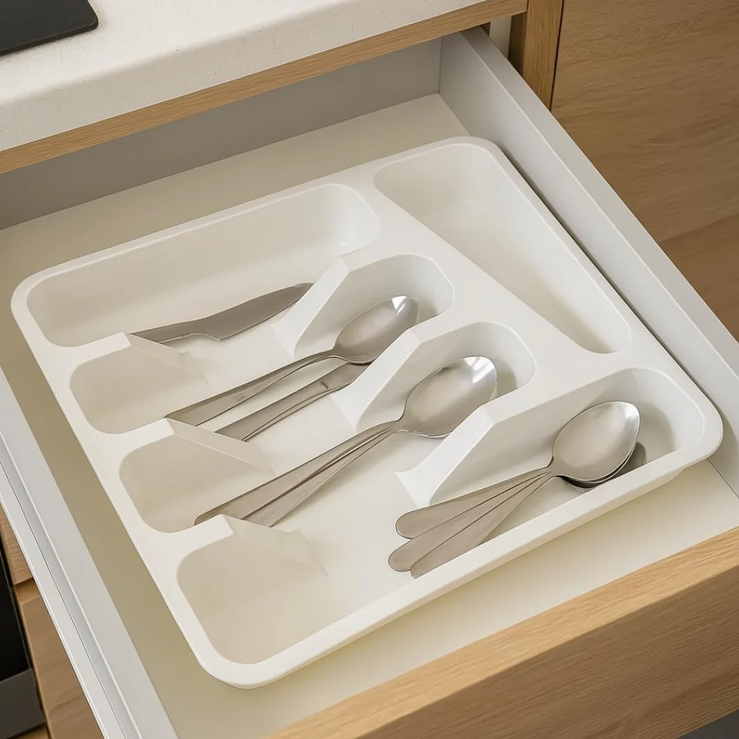 PARENCE Organisateur Couverts 5 Compartiments Range-Tiroir Cuisine Plastique 33x26x5 cm Blanc