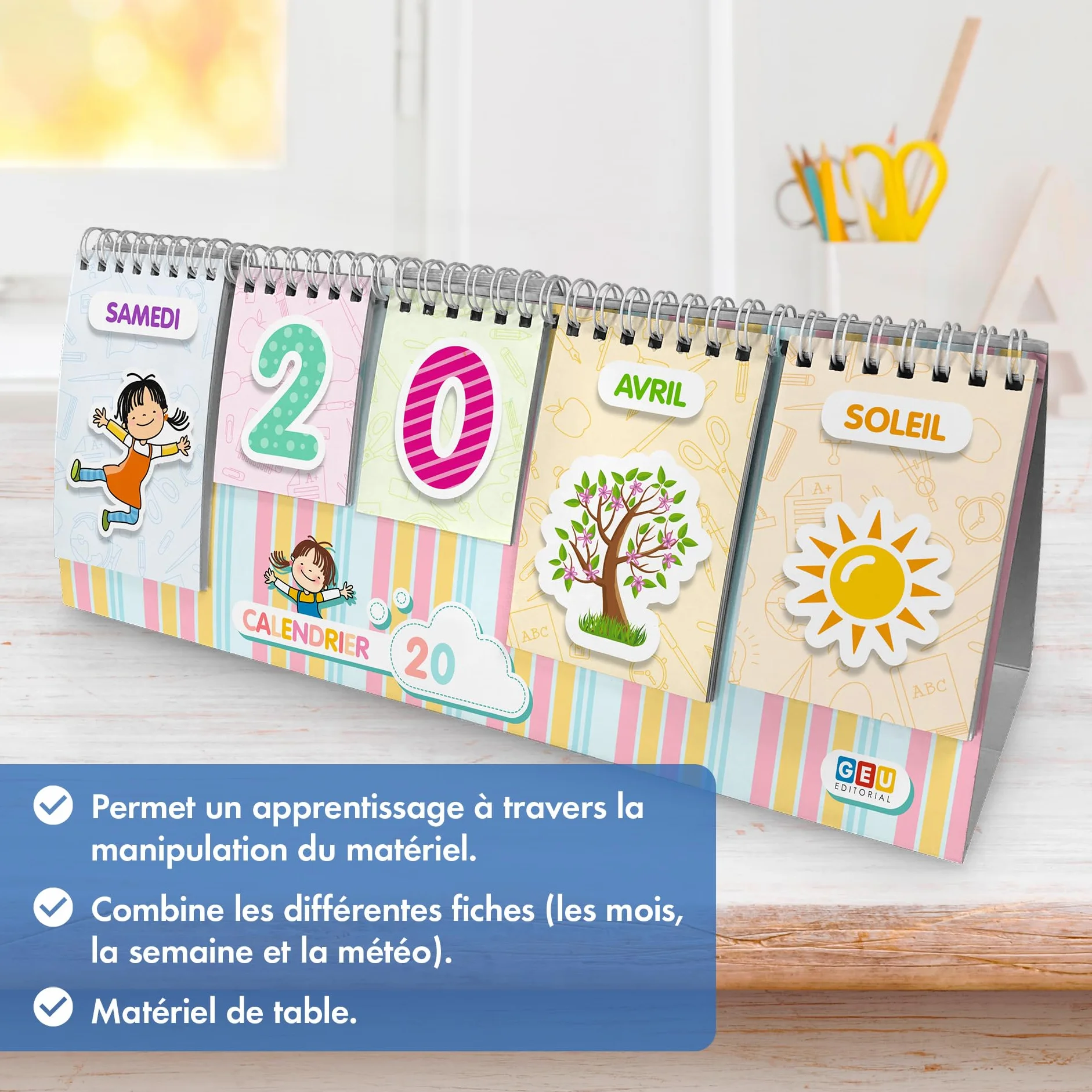 Calendrier pour Enfant Jeux Educatif Apprendre les Jours Mois Saisons Temps Onglets Illustrations Français