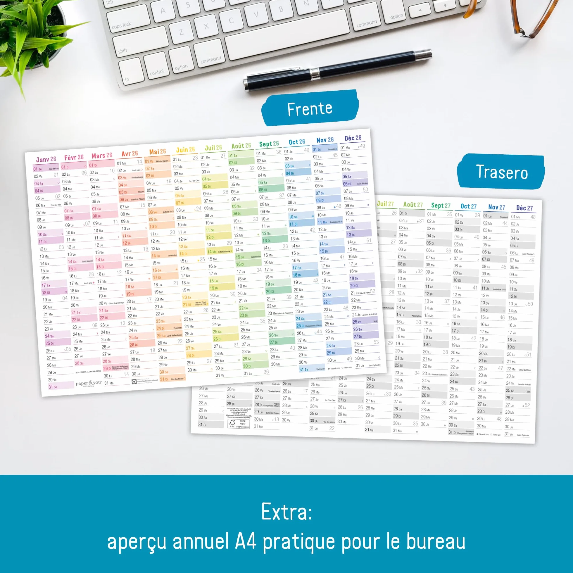 Häfft® Calendrier mural XXL 2026 A1+ 63 x 89 cm papier français Rainbow avec agenda annuel A4 gratuit jours fériés France