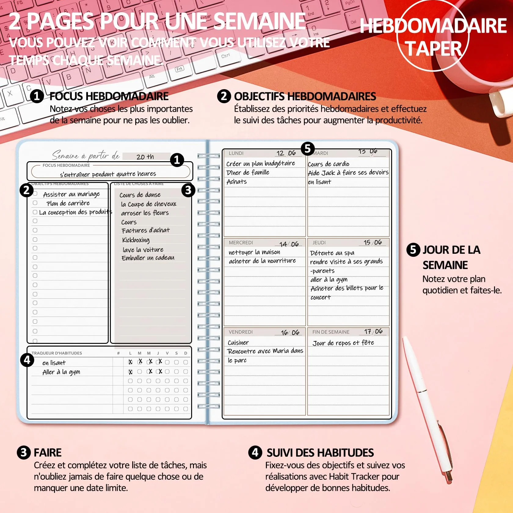 BIROYAL Agenda hebdomadaire non daté A5 Planning avec liste de tâches 52 feuilles Couverture rigide