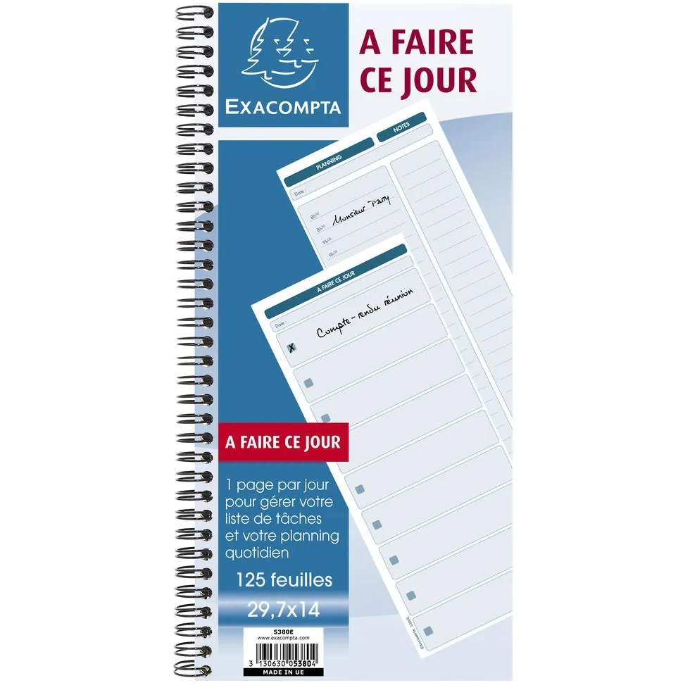 Exacompta carnet spiralé A faire ce jour 125 feuilles 297 x 140 mm certifié PEFC