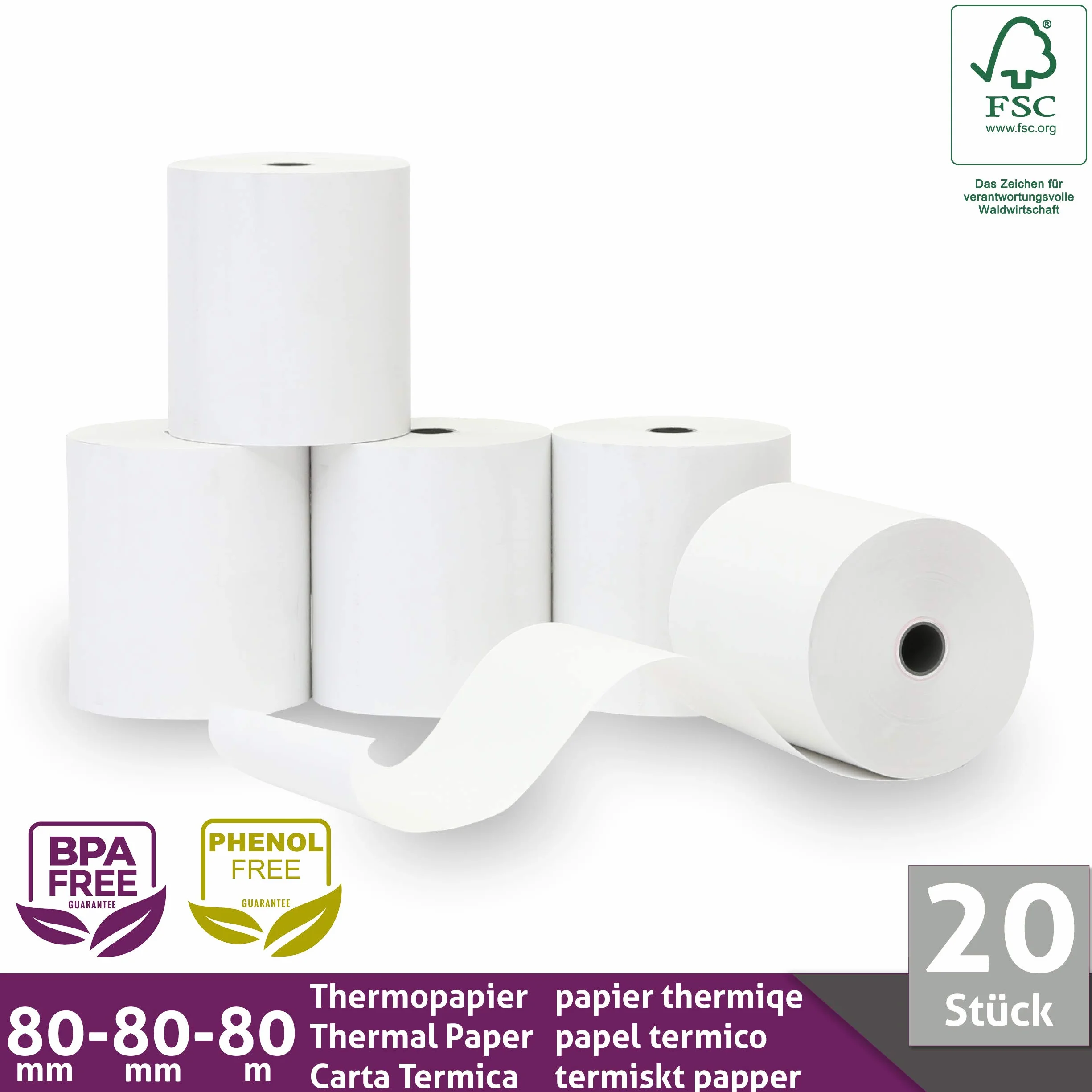 Rouleau Thermique 80x80x12 Bobine 80x80 pour Imprimante Thermique 80mm x 80m x 12mm Sans BPA