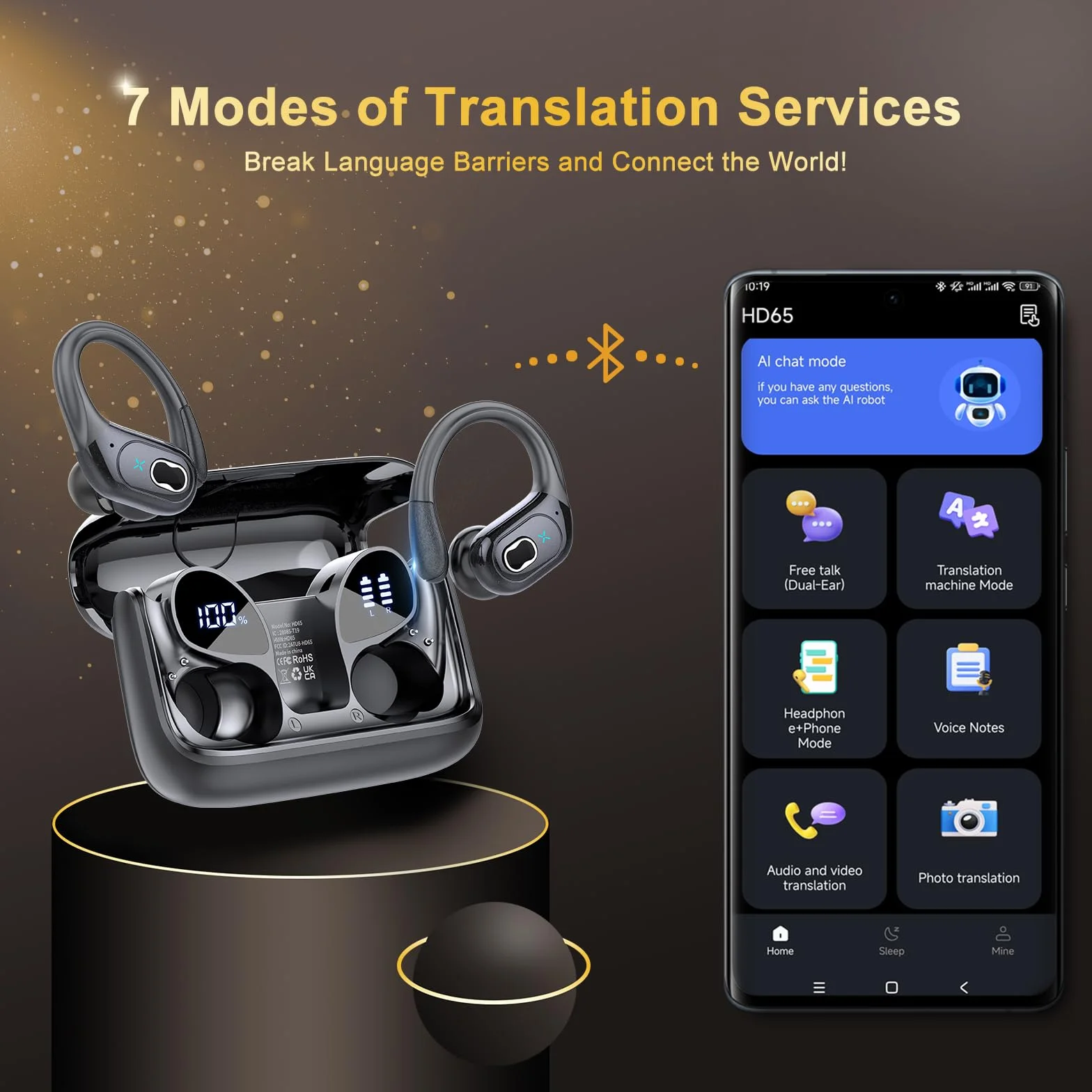 STECEi AI Traducteur Vocal Instantané 75Hrs 164 Langues 6 Modes 3 en 1 Écouteur Traduction