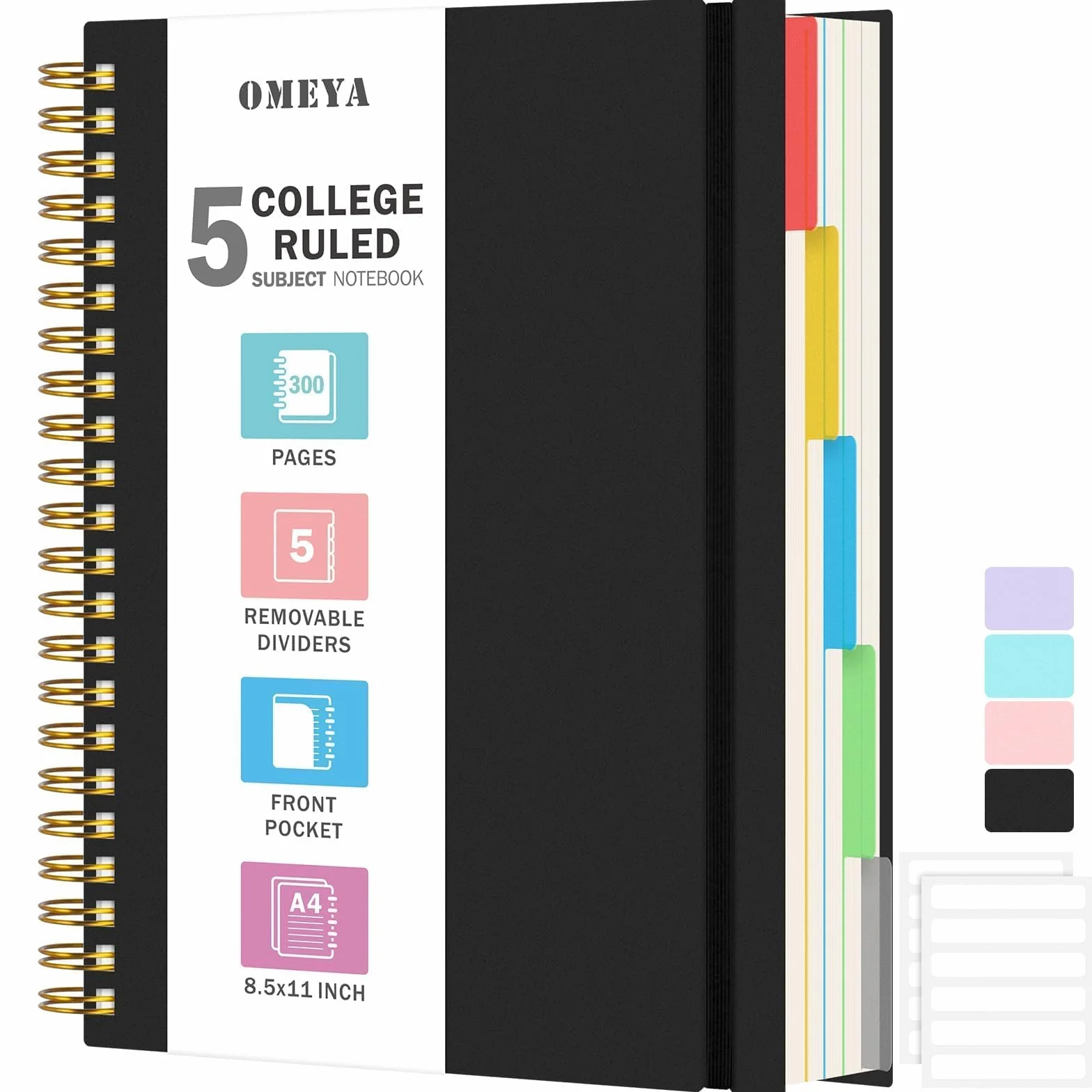 Carnet A4 ligné 300 pages 100 g/m², Cahier à spirale étanche avec intercalaires amovibles