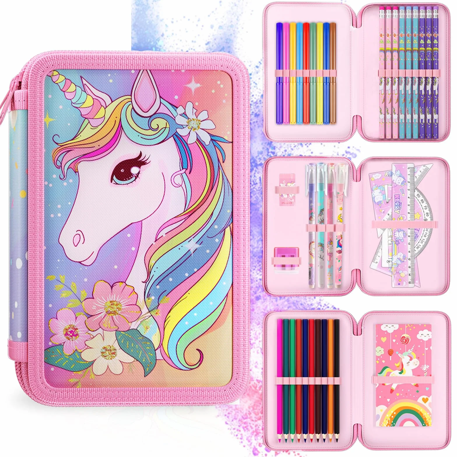 Trousse 3 Compartiments 2025 Double Compartiment Mise à Niveau Fermeture éclair Double Curseur Fille Rose
