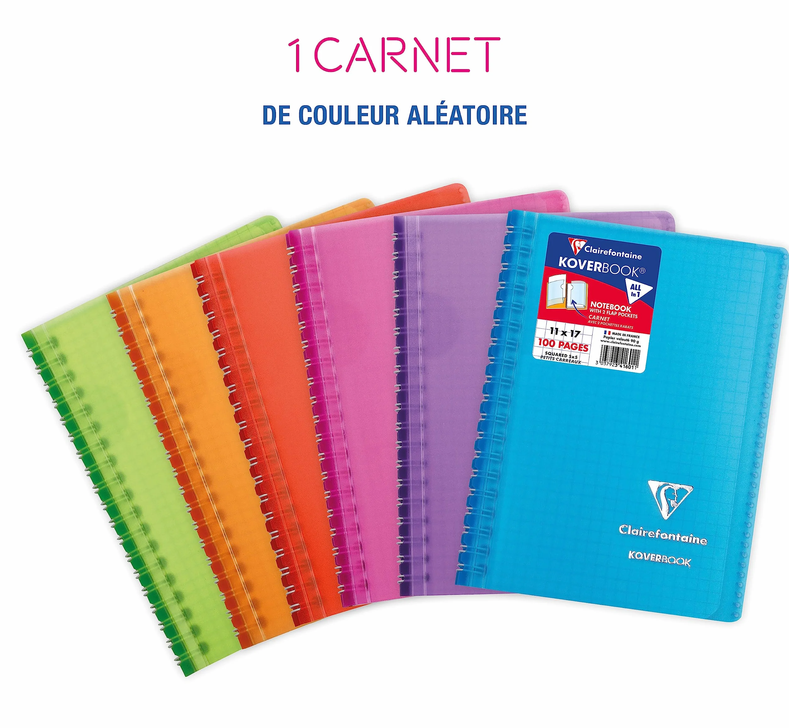 Clairefontaine 341601C Koverbook Carnet à Spirale 11x17 cm 100 Pages Petits Carreaux Papier Blanc 90 g Couverture Enveloppante Polypro