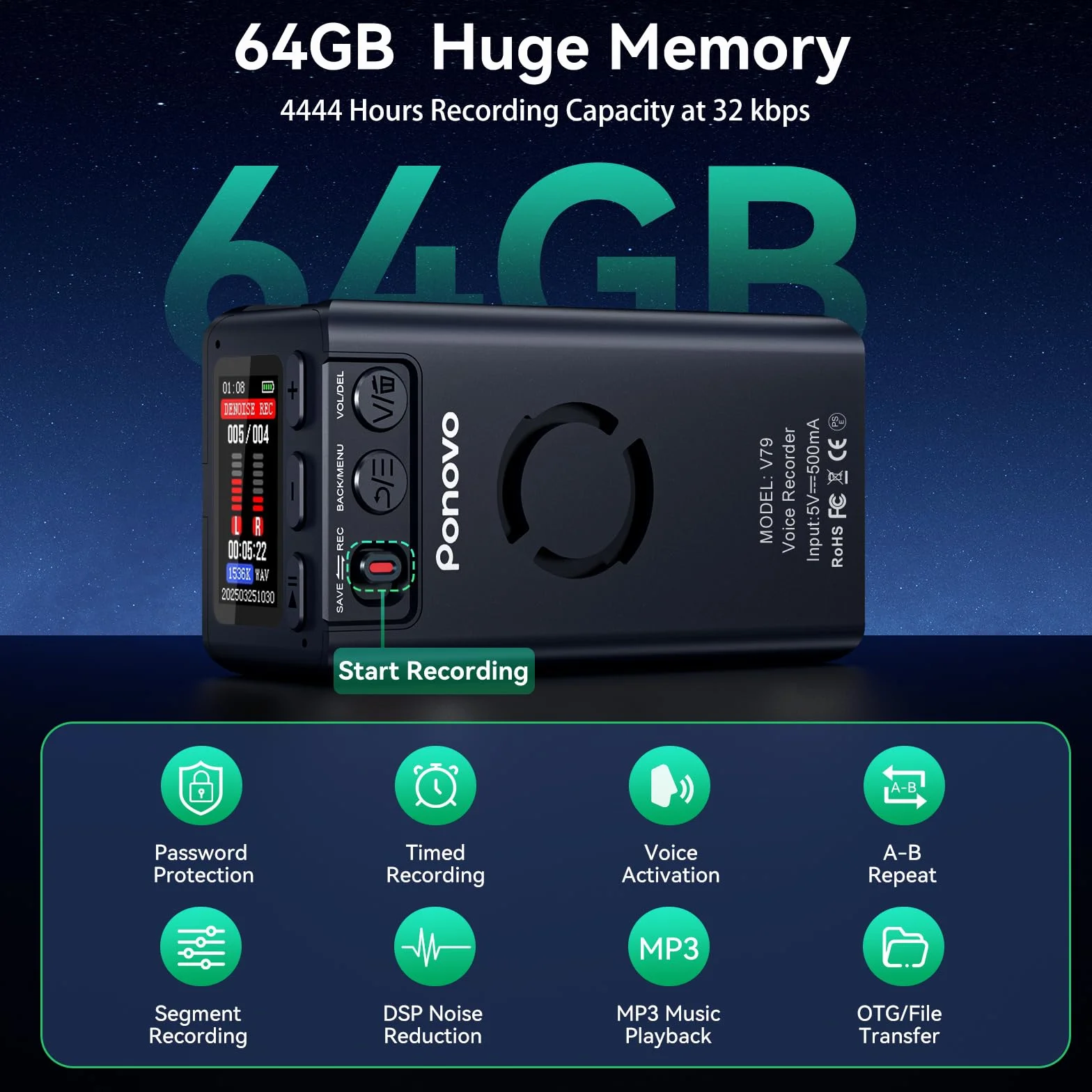 Enregistreur Vocal Numérique Magnétique 64Go, Ponovo Activation Vocale 6000mAh Dictaphone Réduction Bruit