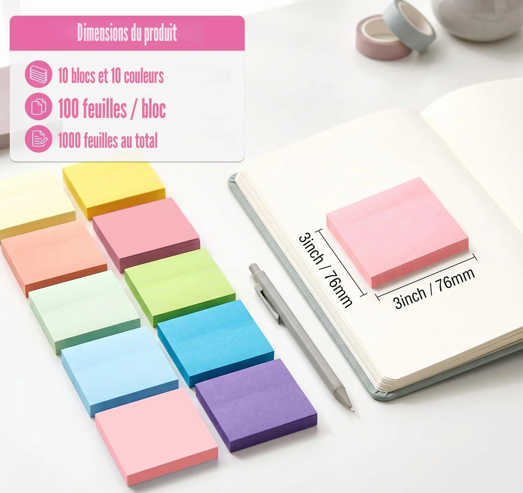 Agoer 1000 Feuillets Notes Sticky Notes 10 Couleurs Vives 76 x 76 mm Super Sticky Notes Autocollantes