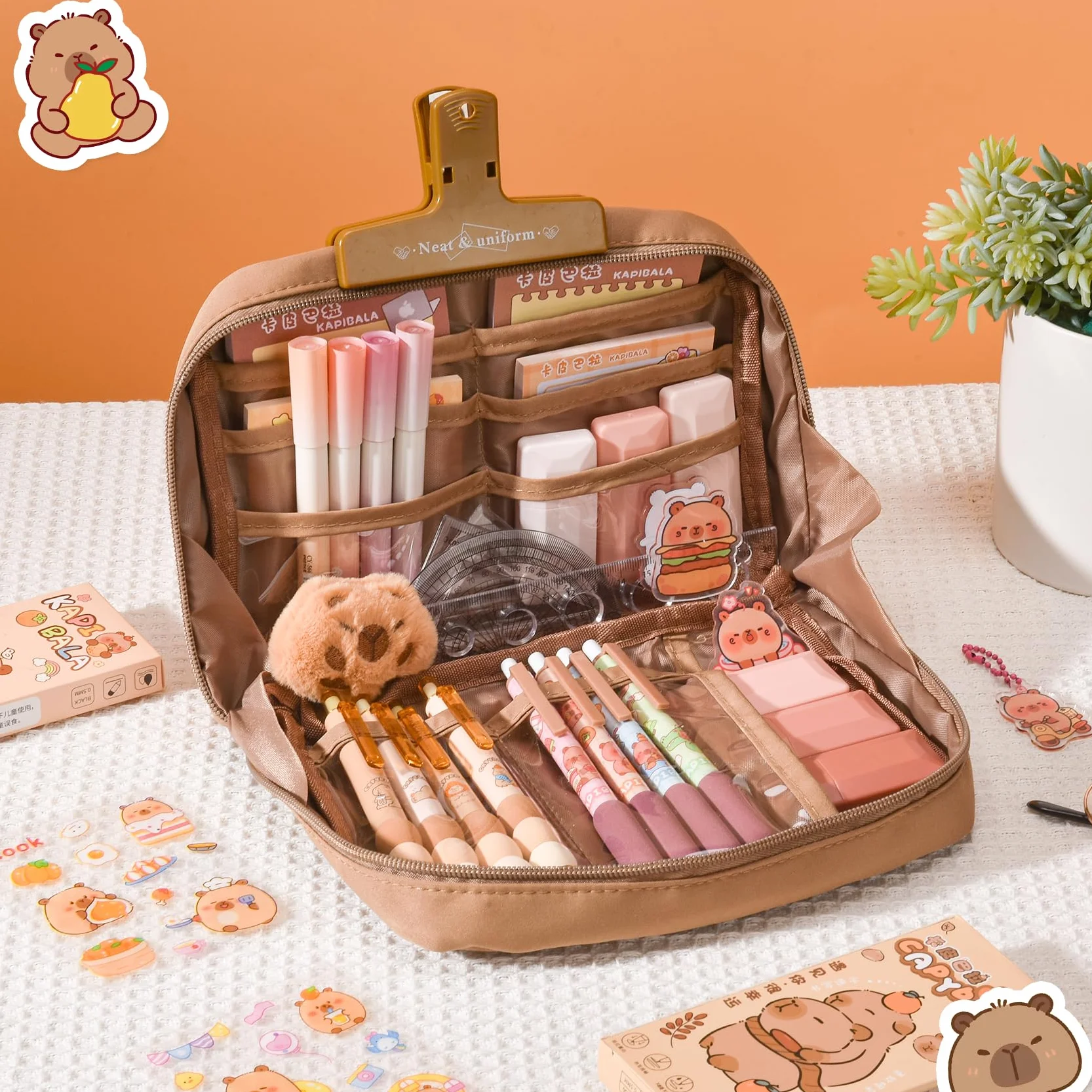 Kit de Fournitures Scolaires Capybara avec Trousse – Set Cadeau pour Enfants, Stylos, Règles