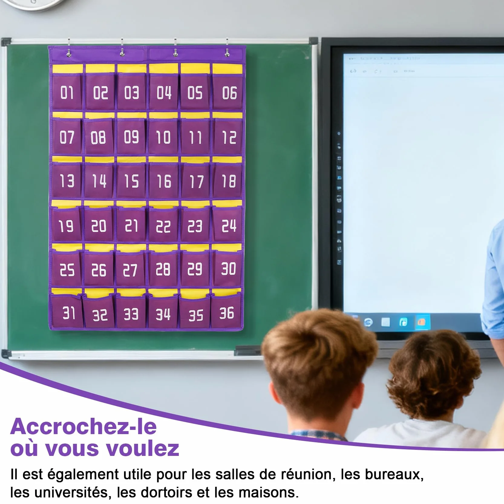 Tableau de classe numéroté 36 poches organiseur mural avec crochets pour téléphone et calculatrice Noir