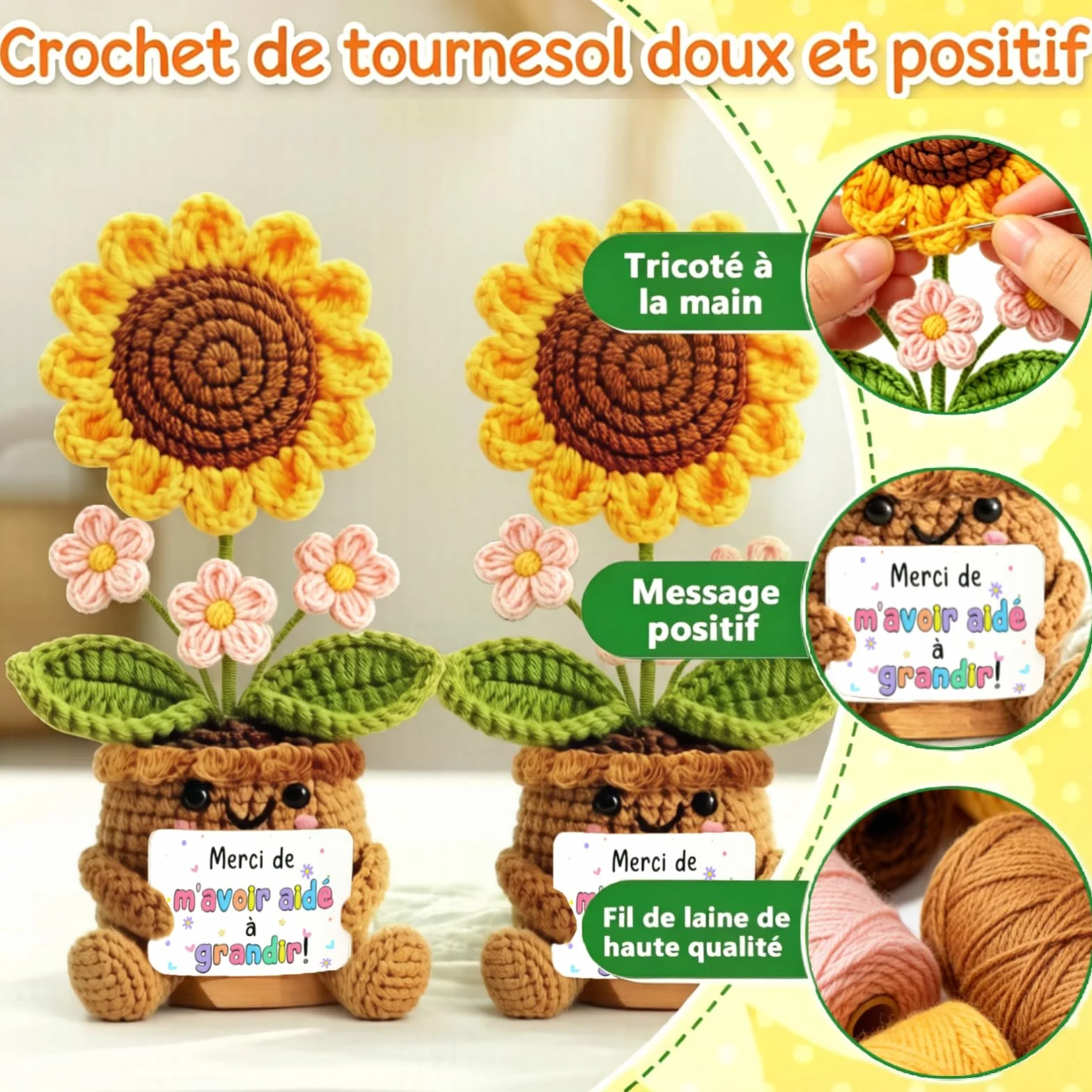 Tournesol au Crochet Fait Main Cadeau pour Éducatrice de Garderie - Fleur Éternelle avec Carte de Remerciement