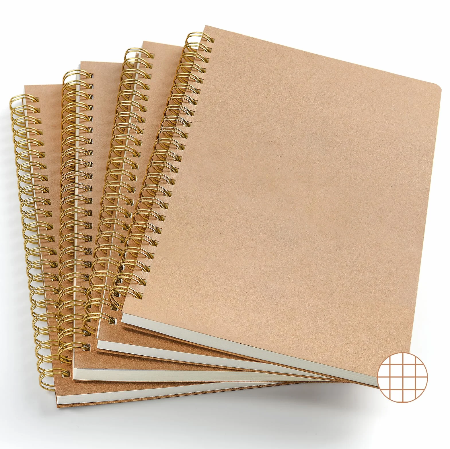 Cahier à Spirale A5 Petits Carreaux Lot de 4 Carnet de Notes Couverture Kraft 80 Feuilles 160 Pages 80g