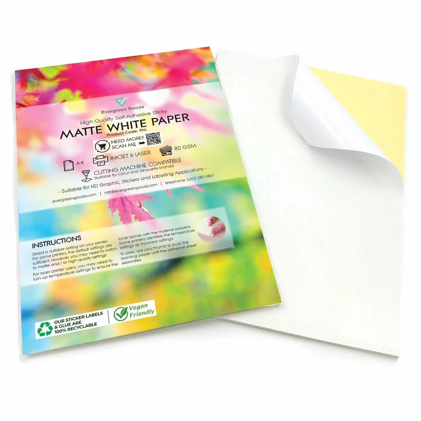 Papier autocollant mat A4 blanc mat 30 feuilles Evergreen Goods Ltd pour imprimantes jet d'encre et laser