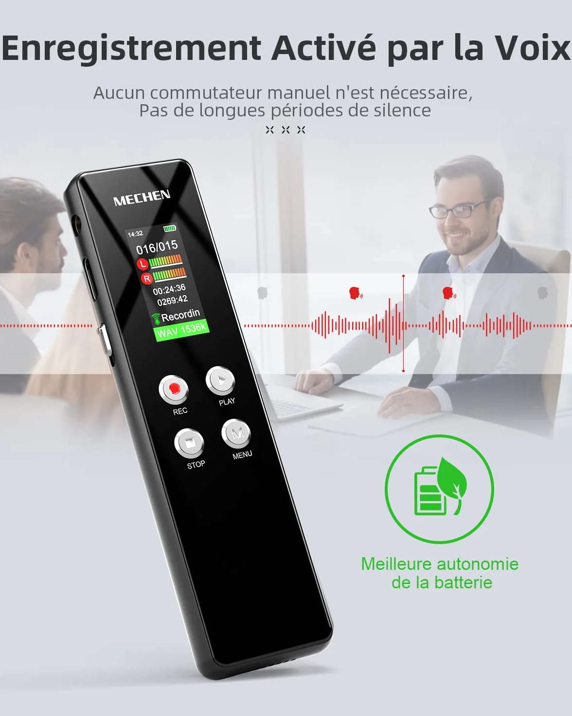MECHEN Enregistreur Vocal 64 Go, Enregistrement HD 1536 kbps, Réduction du Bruit Automatique, Lecteur MP3
