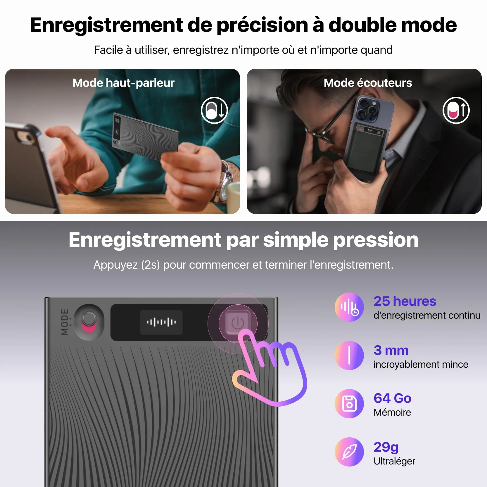 Mobvoi TicNote Enregistreur Vocal IA 64 Go Mémoire Étui Contrôle Application 100+ Langues Audio Numérique Appels Conférences Réunions