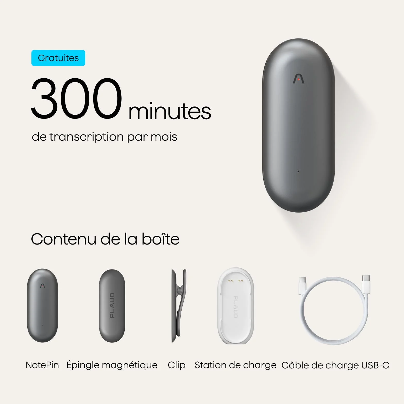 Plaud NotePin Enregistreur Vocal IA 64Go Dictaphone Transcription Résumé Compatible 112 Langues Gris