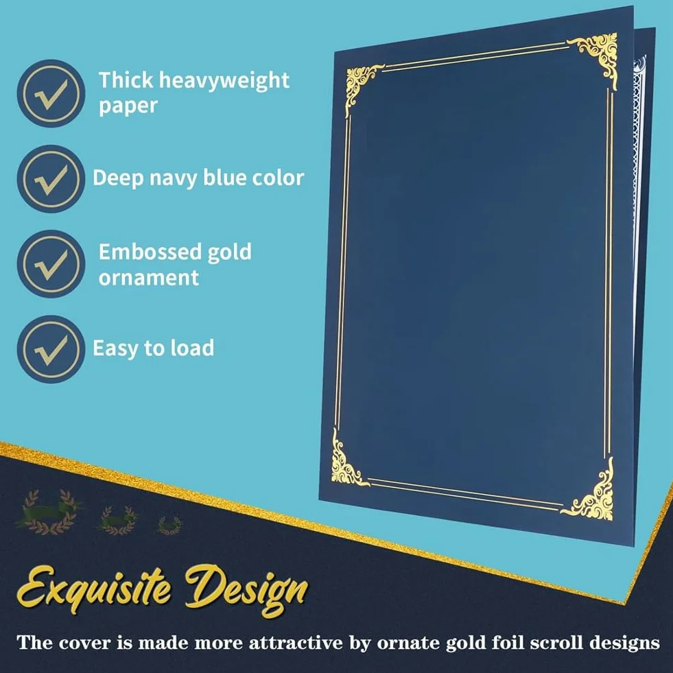 Porte-Certificats avec Bordure en Feuille d'Or, Format 8,5 x 11 Pouces, Lot de 10