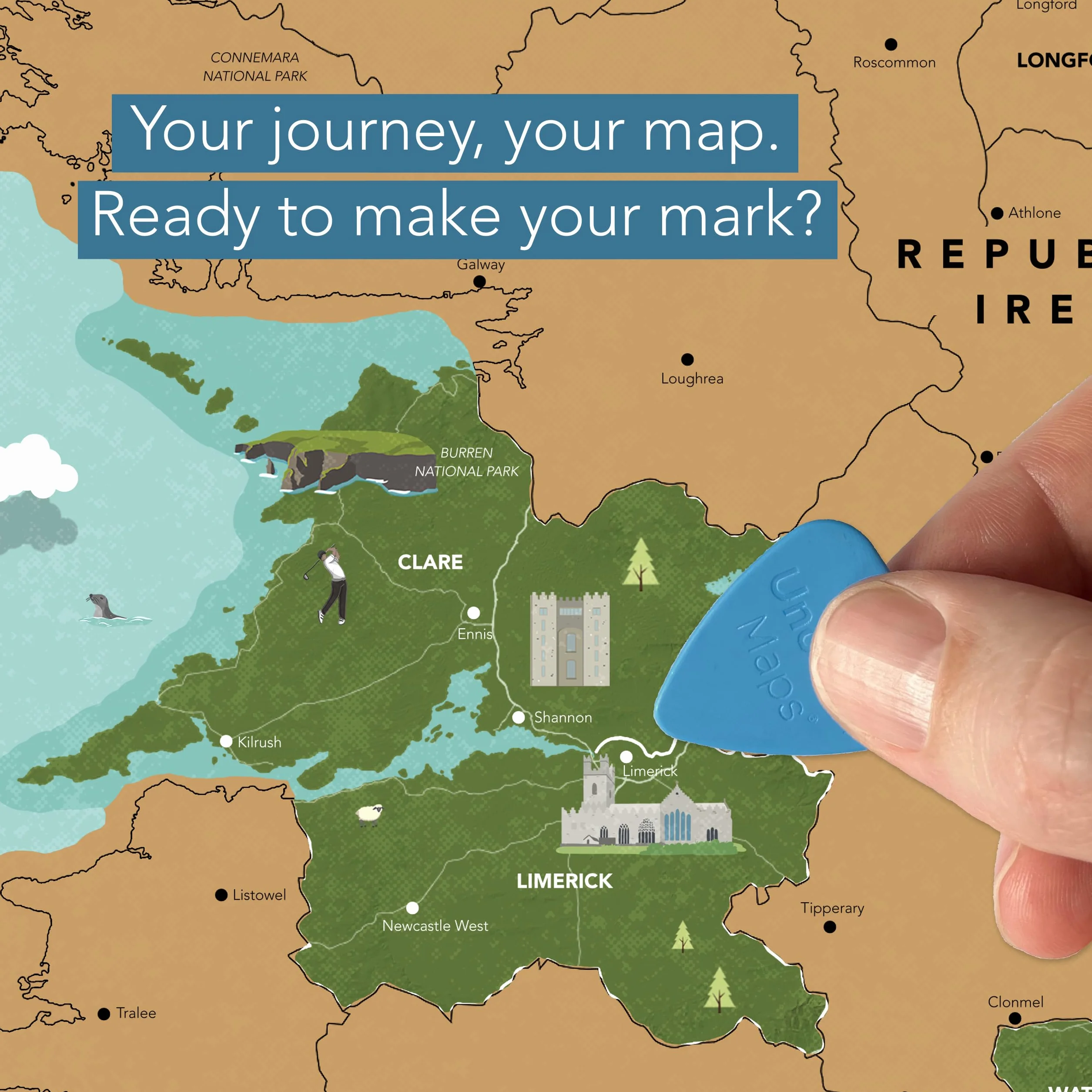 Uncover Maps Carte à gratter de l'île d'Irlande – Poster de voyage A2 avec monuments illustrés