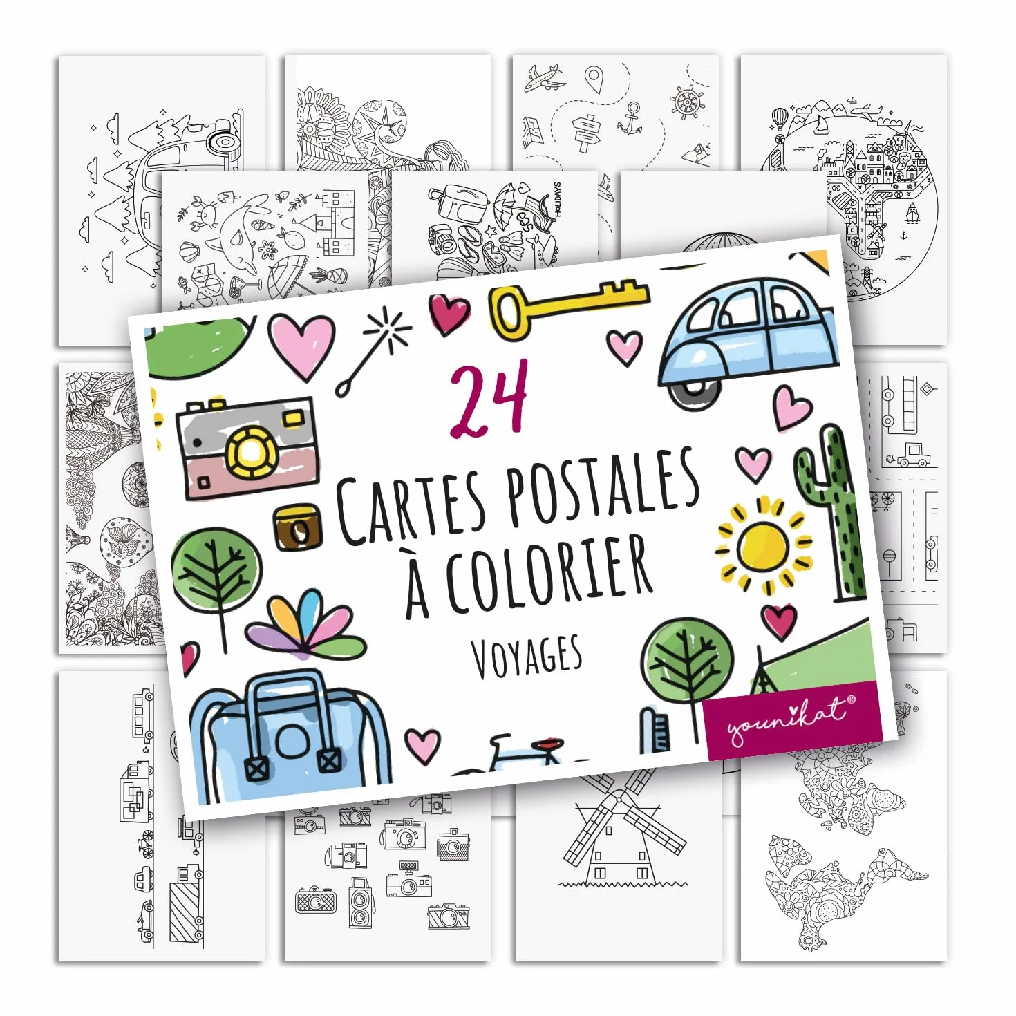 younikat Reisen Cartes postales à colorier 24 pcs DIN A6 Enfants Adultes à personnaliser