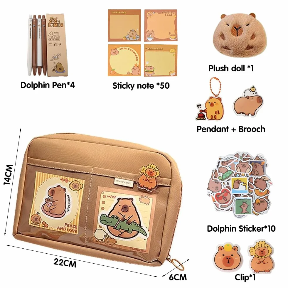 Capybara Ensemble de papeterie Trousse avec stylos, clips, autocollants, coffret cadeau pour enfants